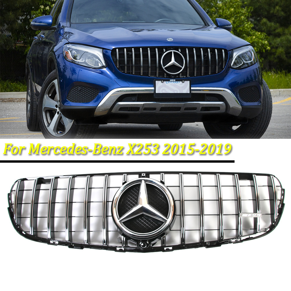 Chrome GT R Style Front Grille Grill For Mercedes X253 GLC300 2015-2019 W/Emblem