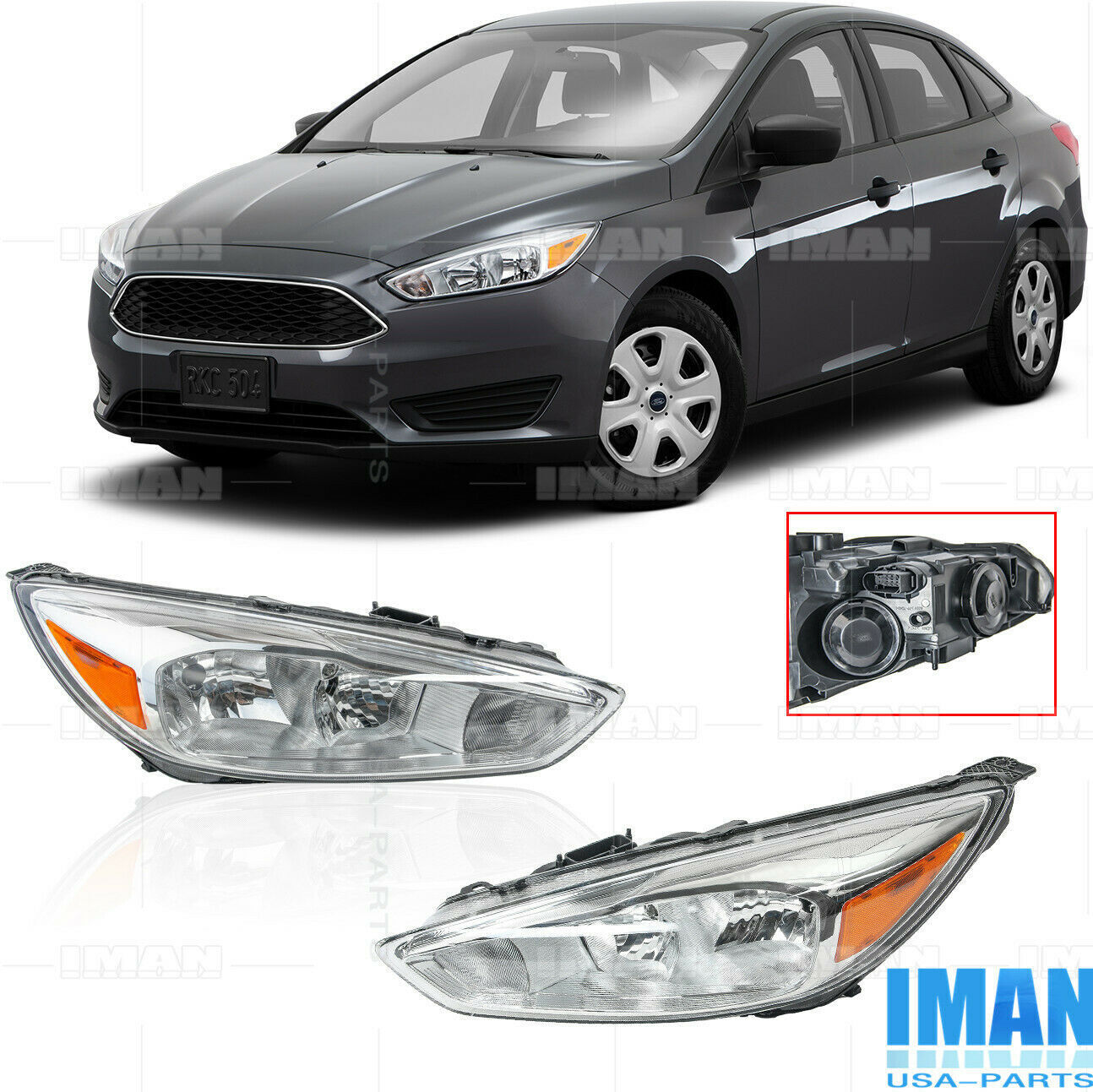 FOR 2015-18 FORD FOCUS GEN3 PAIR CHROME HOUSING AMBER SIDE HEADLIGHT With Bulbs
