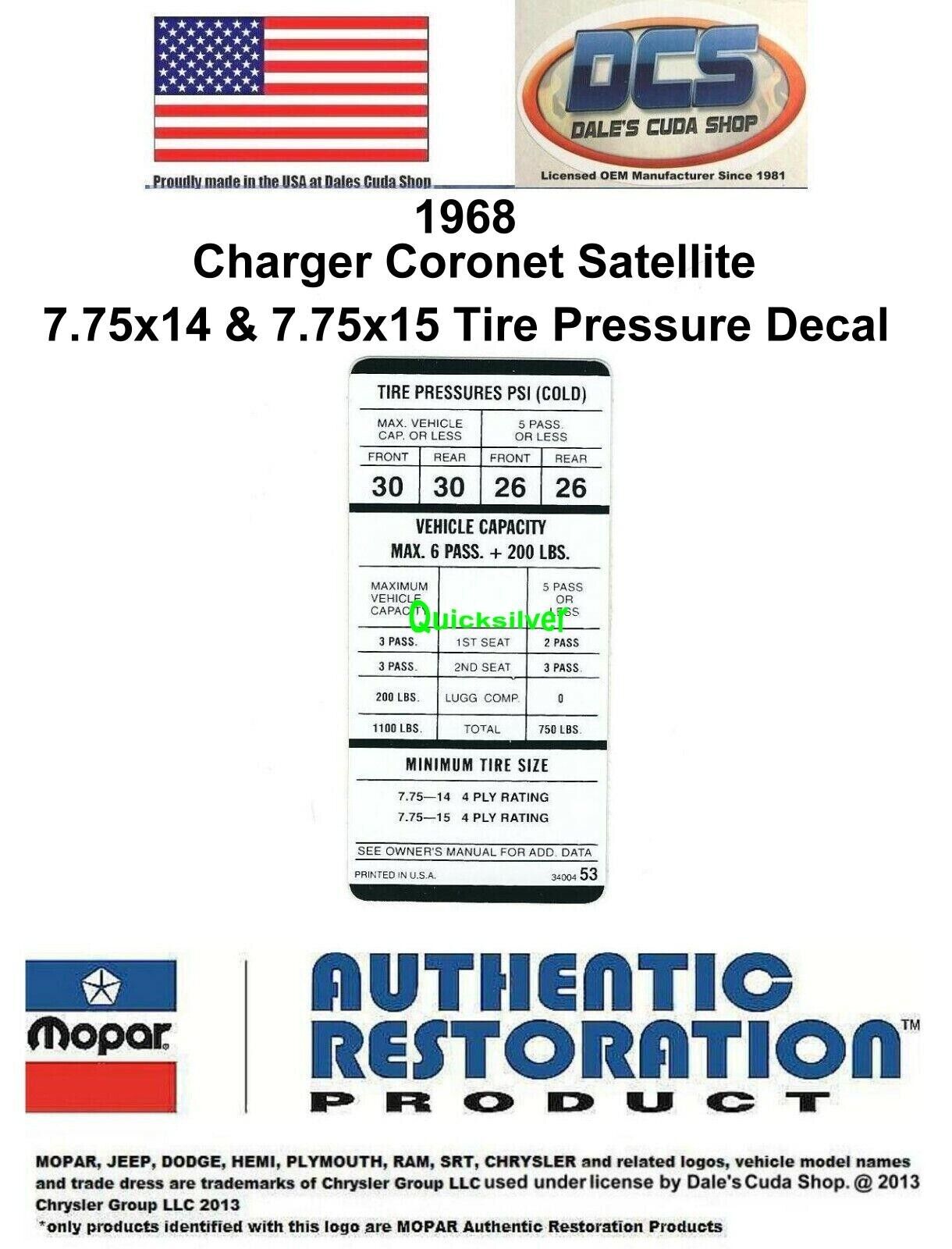 1968 Charger Coronet Satellite 383 440 7.75x14 & 7.75x15 Tire Pressure Decal New