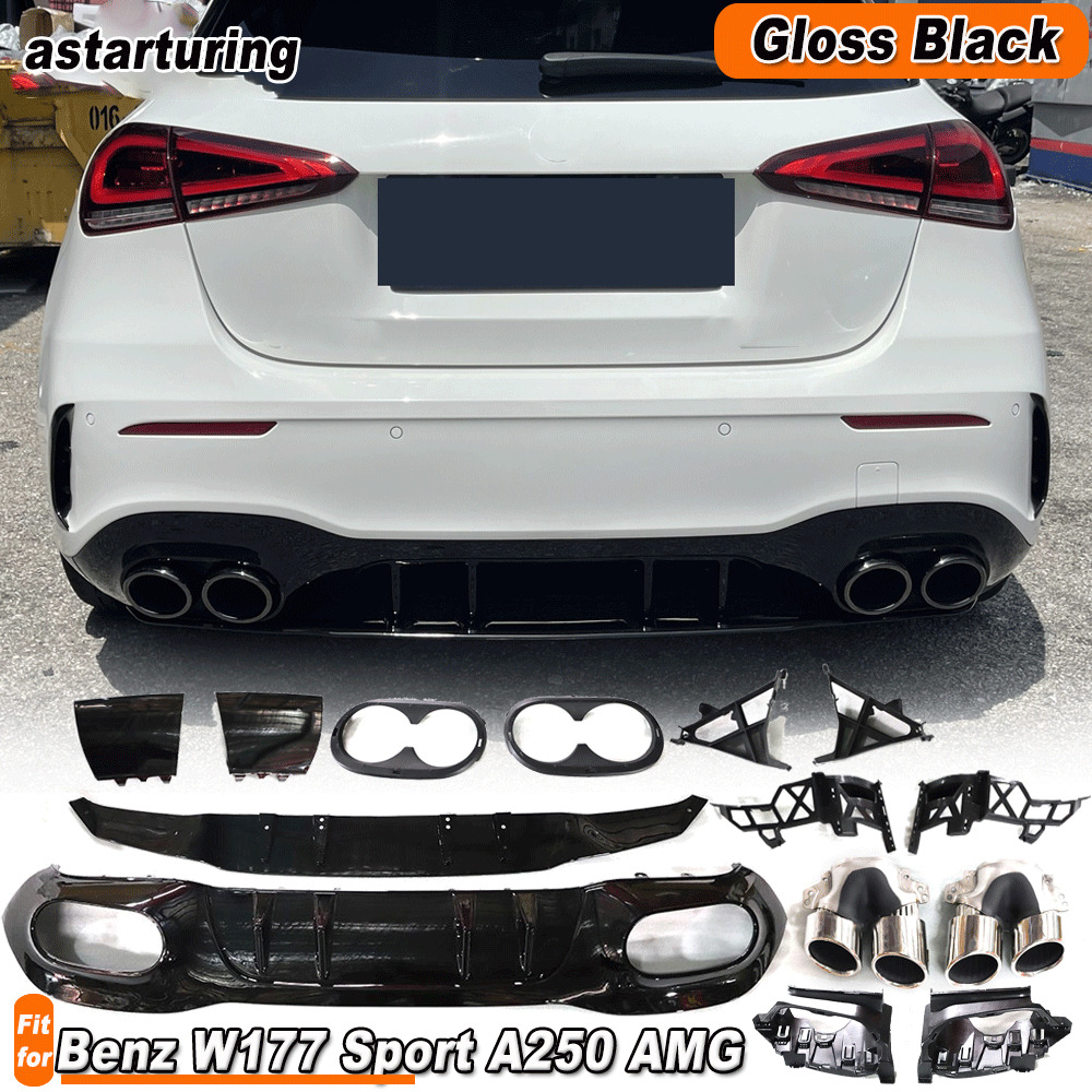 For Benz W177 A200A250 Sport A35AMG Gloss Black Rear Diffuser Lip W/Exhaust Tips