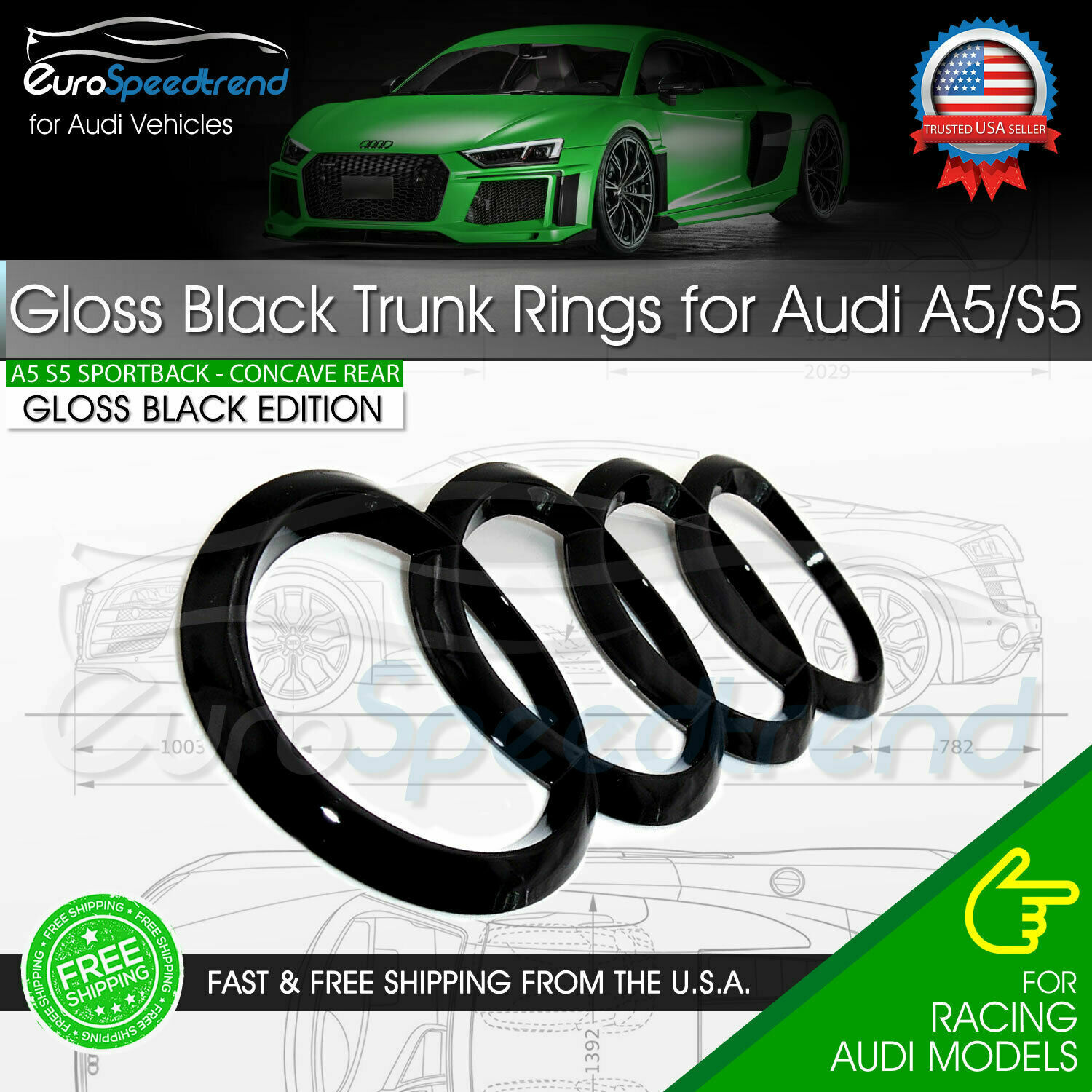 Audi Curve Rings Gloss Black A5 S5 RS5 Rear Sportback Trunk Emblem Concave Badge