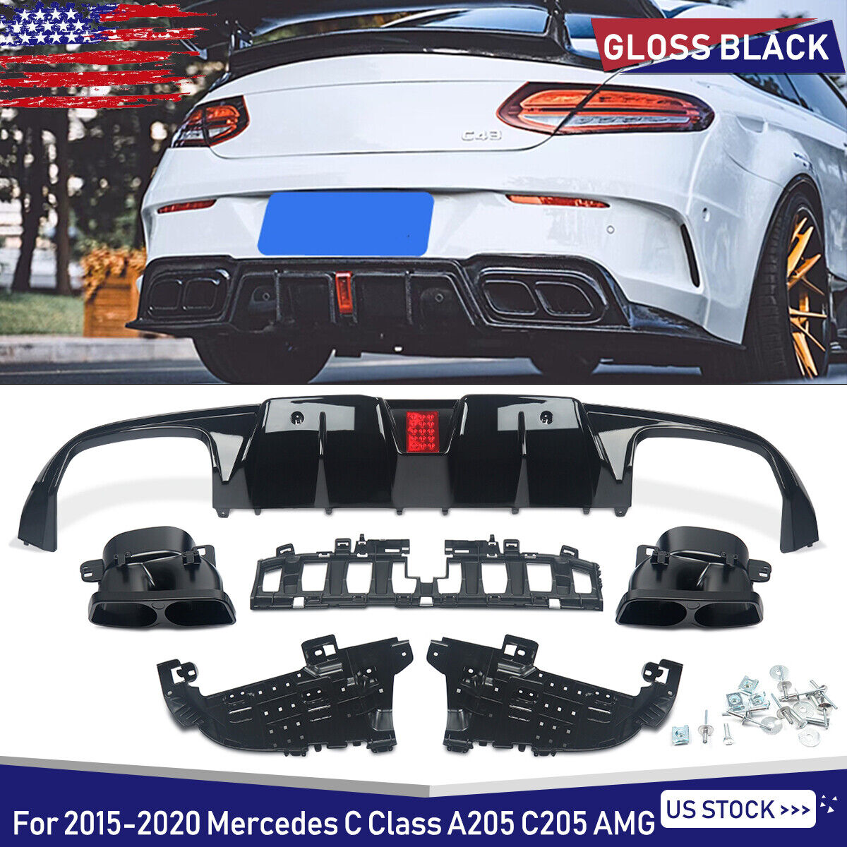 For 2015-19 Mercedes C Class Coupe C205 AMG Rear Diffuser + Exhaust Tips B-Style