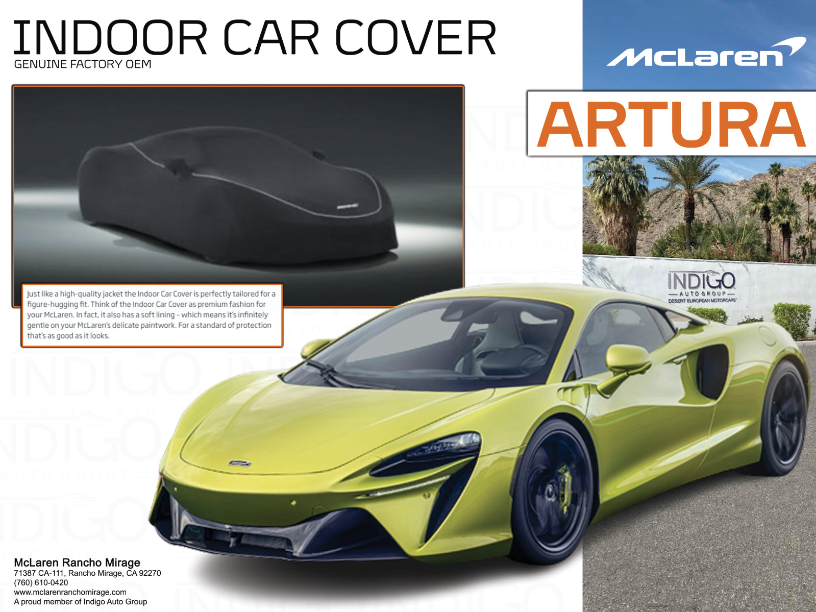 McLaren ARTURA Factory OEM Indoor Car Cover With Bag - 16NA099CP