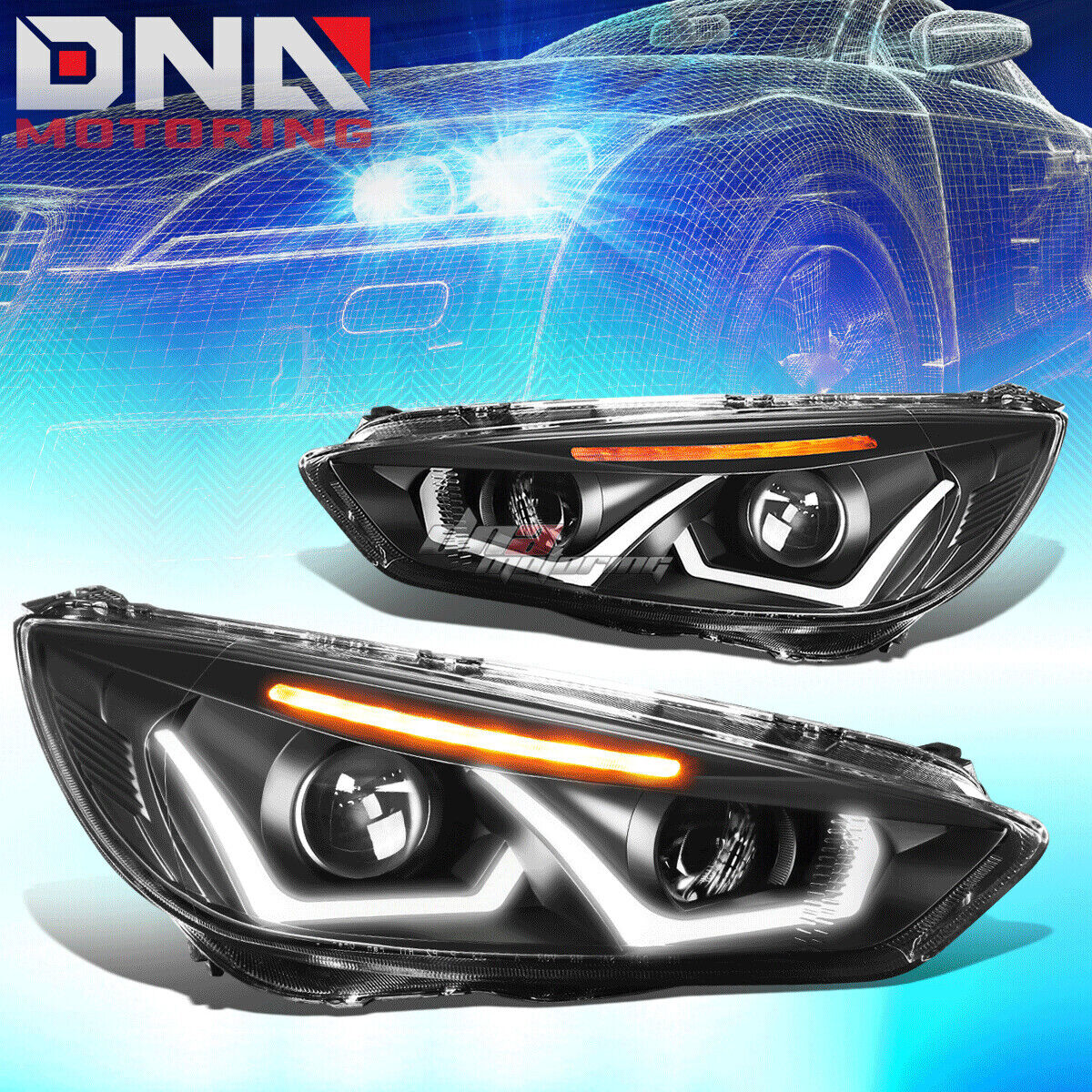 FOR 2015-2018 FORD FOCUS LED DRL+ TURN SIGNAL PROJECTOR HEADLIGHT BLACK AMBER