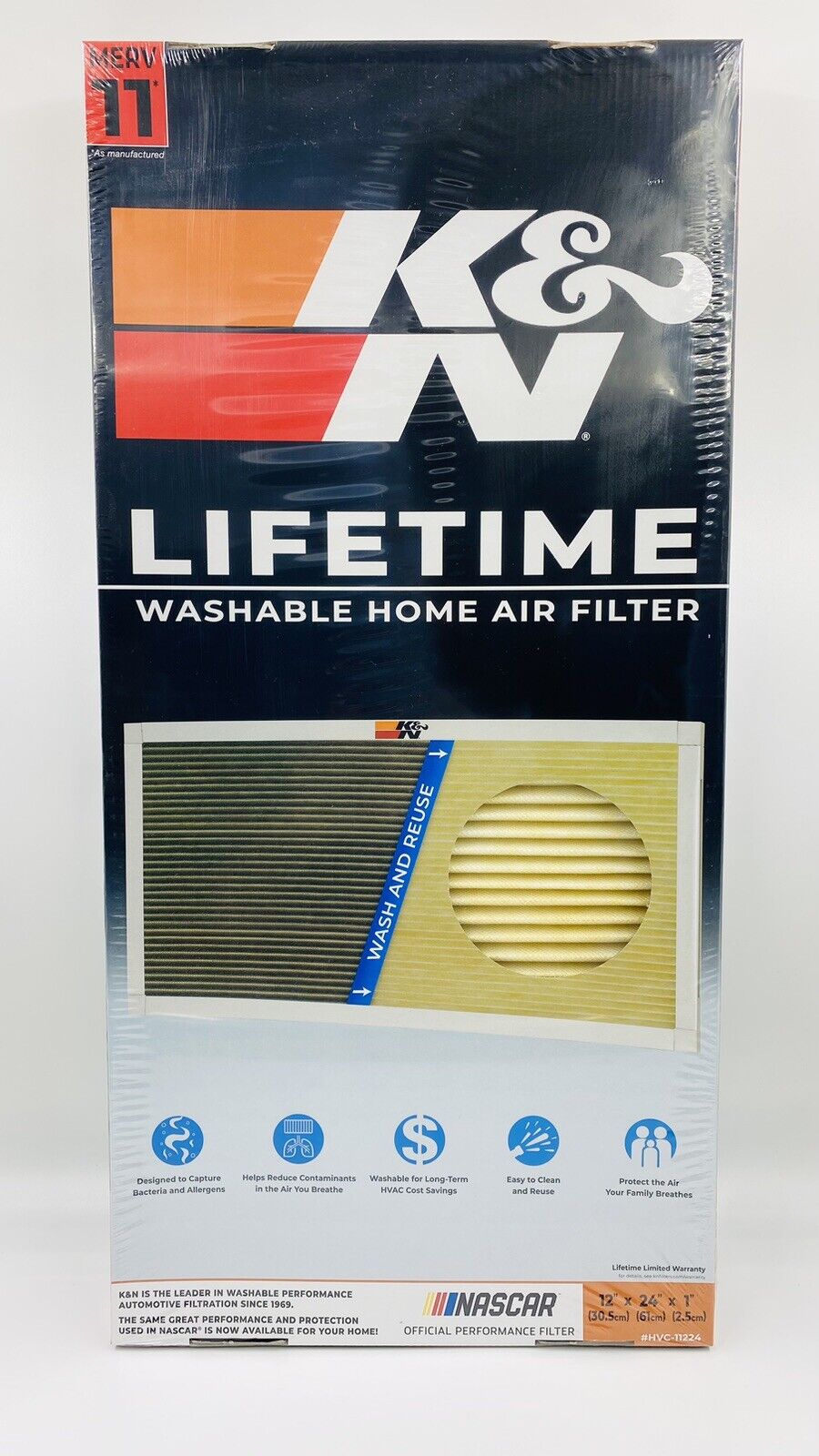 K&N Washable Home Air Filter, 12 x 24 x 1 HVAC FILTER, MERV 11, HVC-11224, New