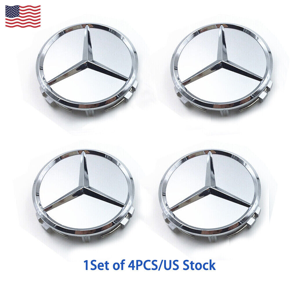 Wheel Center Hub Caps Badge 4PCS Silver Emblem 75mm For Mercedes-Benz C E63 AMG