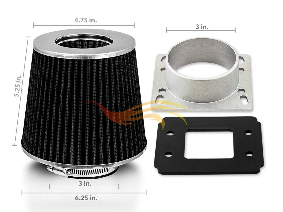 BLACK Cone Dry Filter + AIR INTAKE MAF Adapter Kit For BMW 84-91 318 325 M3 E30