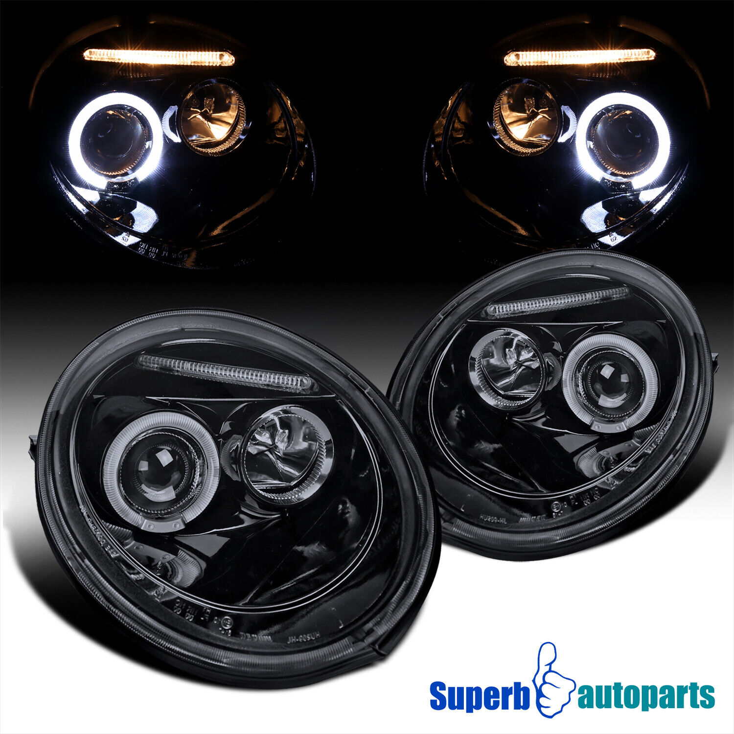 Fits 1998-2005 Beetle Smoke Halo Projector Headlights Lamps Glossy Black Pair