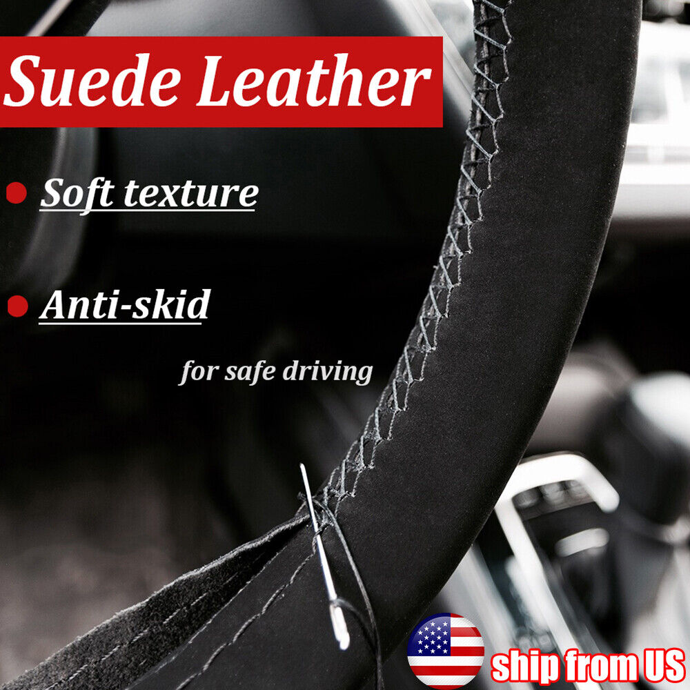 DIY Car Suede Leather Steering Wheel Cover with Needle Thread Skidproof Non-slip