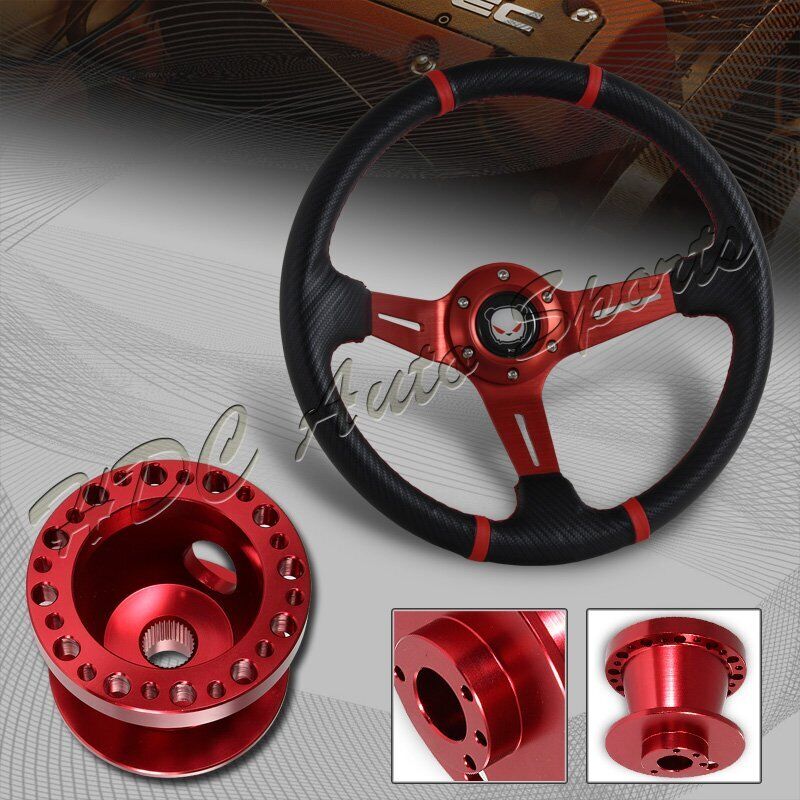 For 89-99 Mit Eclipse/Talon 350MM Red/Carbon PVC Steering Wheel+Red Aluminum Hub