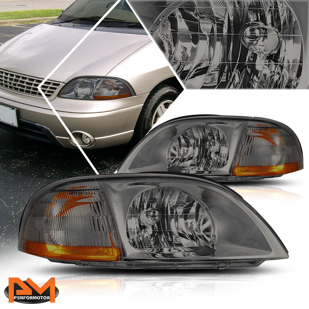 For 99-03 Ford Windstar Direct Replacement Headlight/Lamps Amber Corner Smoked