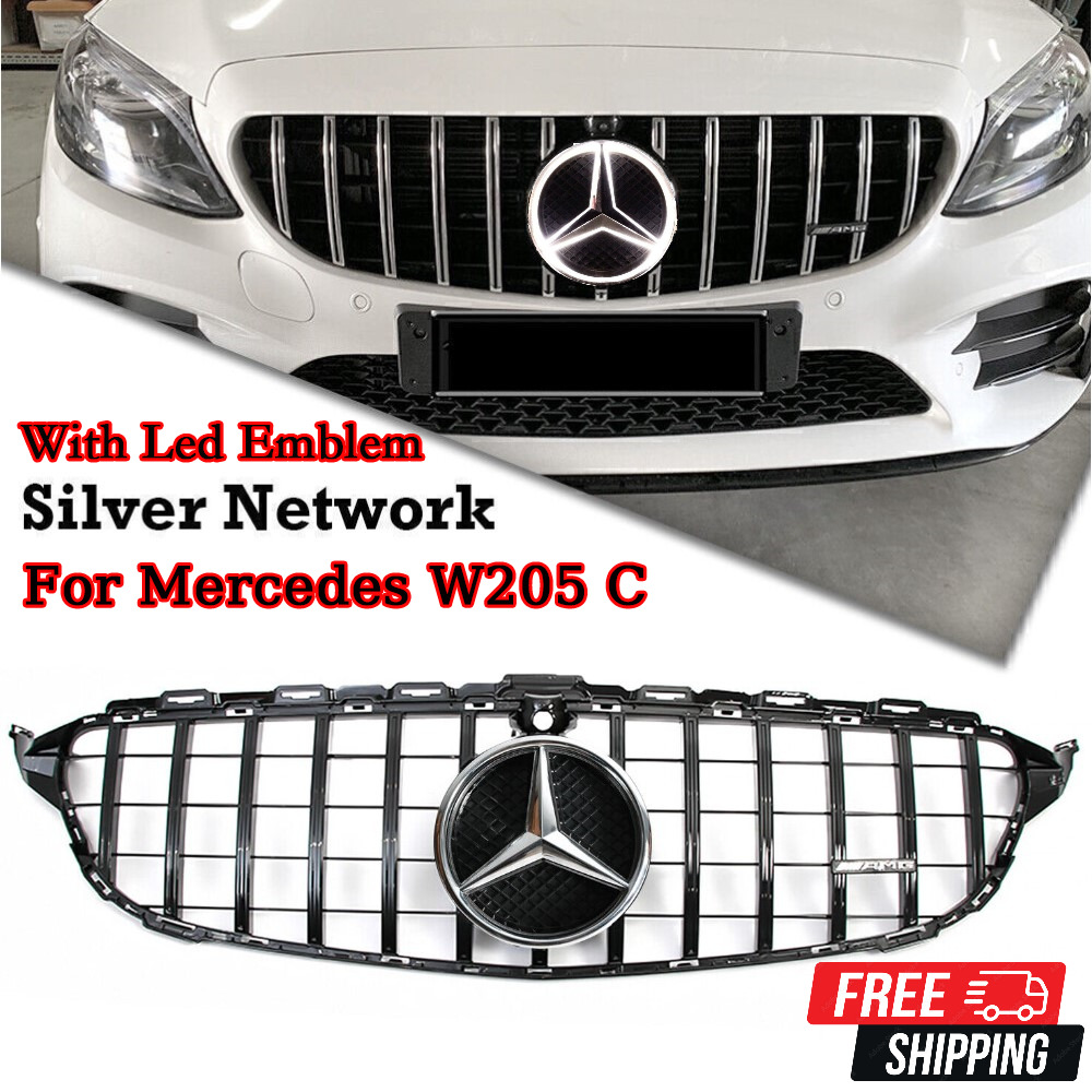 GTR Style Grill Grille W/Led Emblem Black For Mercedes Benz W205 C250 C300 C200