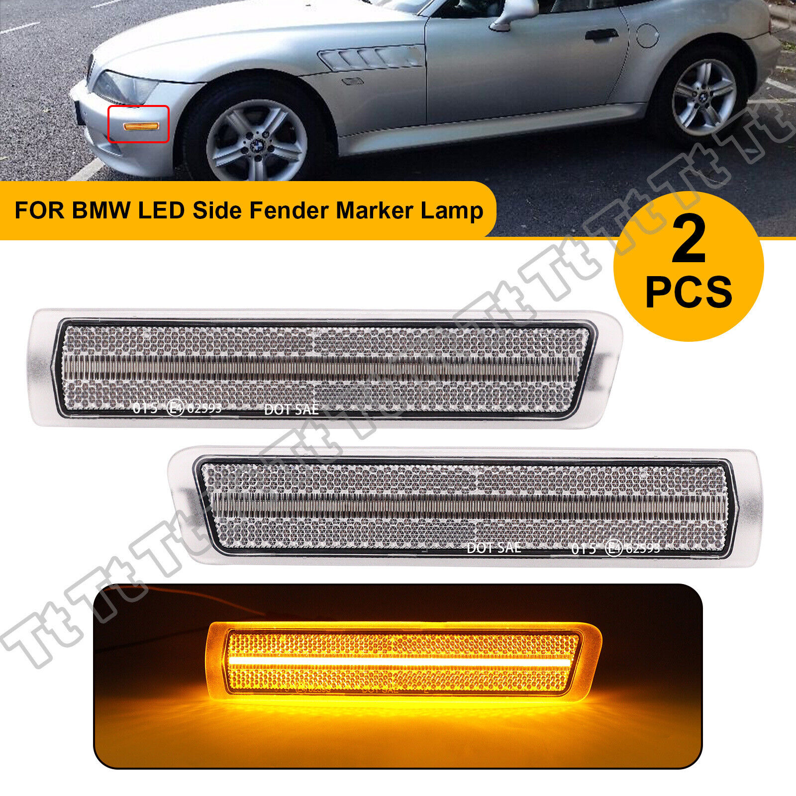 Amber LED Bumper Side Marker Lights For 96-02 BMW Z3 M Coupe Roadster Clear Lens