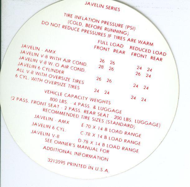 1971 AMX/JAVELIN TIRE PRESSURE DECAL