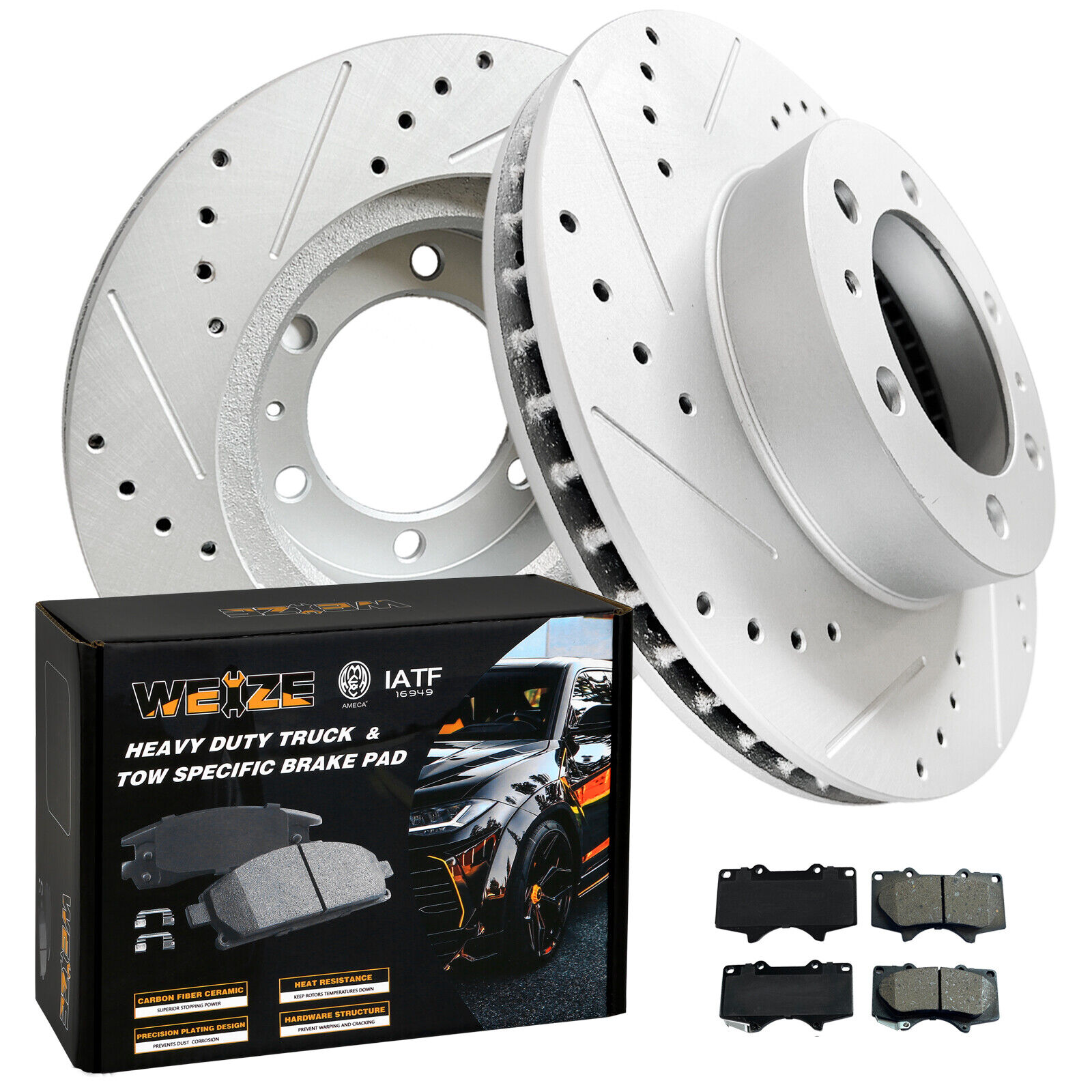 Front Drilled Rotors + Carbon Fiber Ceramic Brake Pads for Toyota 4Runner Tacoma