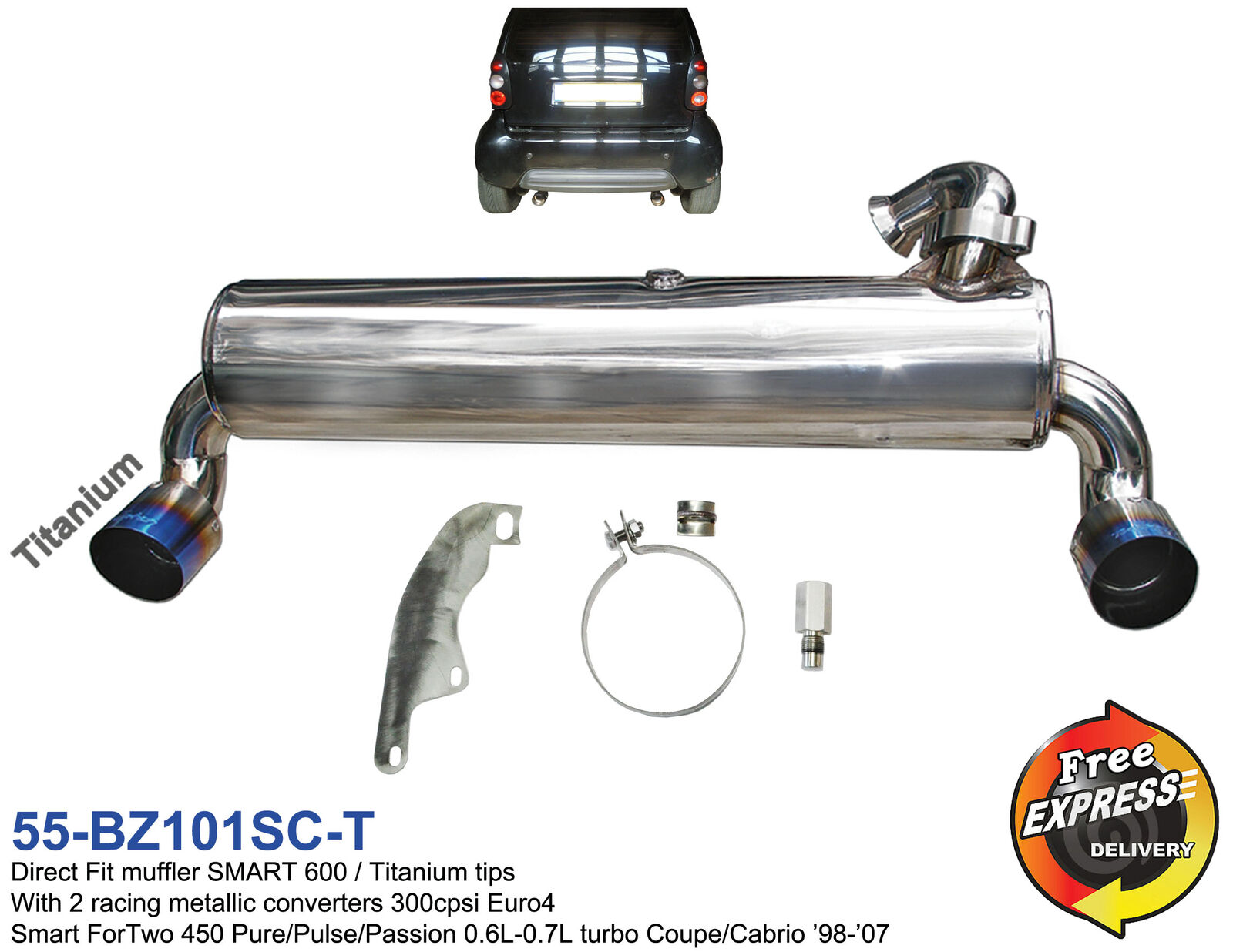 Exhaust Muffler duplex with titanium tips for SMART ForTwo 450 0.6L-0.7L Turbo