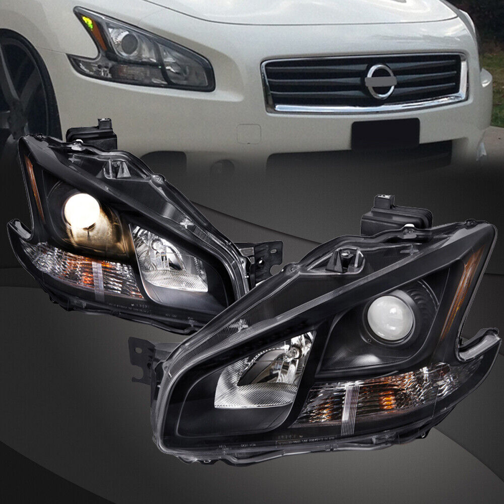 Fits 09-14 Nissan Maxima Halogen Type Black Projector Headlights Pair Set New