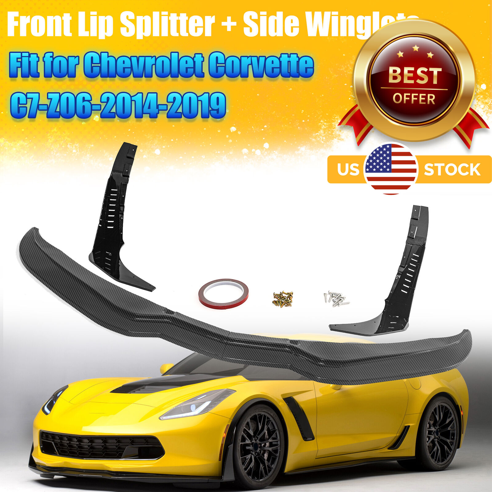 For 2014~2019 Corvette C7 Z06 Stage 3 Front Lip Splitter Winglets Carbon Fiber