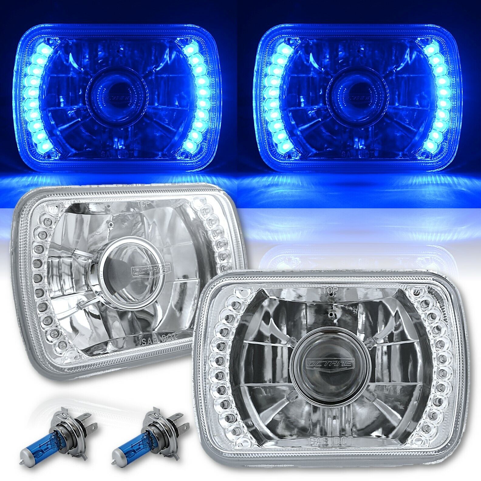 7X6 Blue LED Halo Projector Halogen Crystal Headlights Angel Eye Light H4 Bulbs