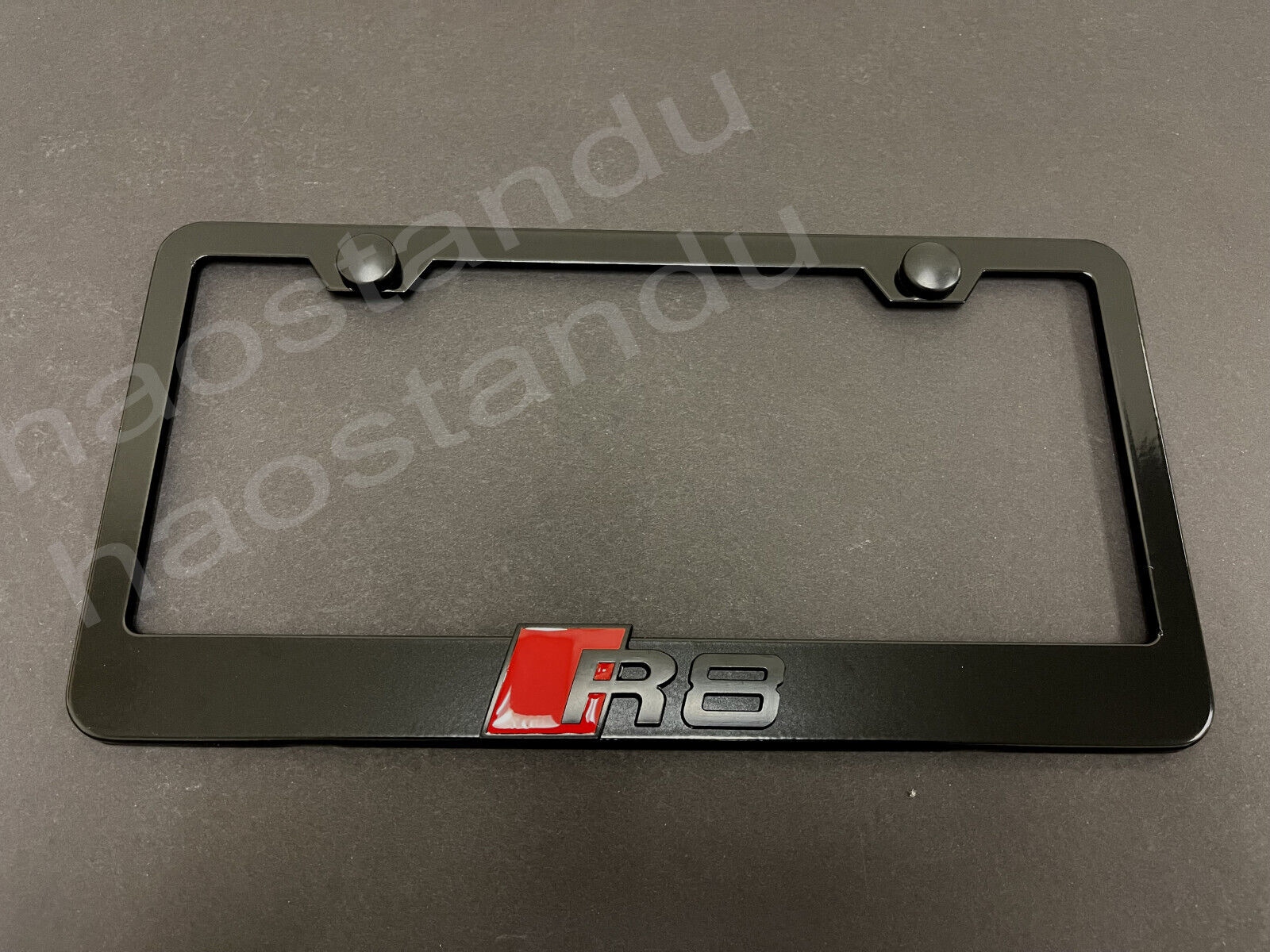 1x (Black) R8 3D Emblem BLACK Stainless License Plate Frame RUST FREE + S.Caps