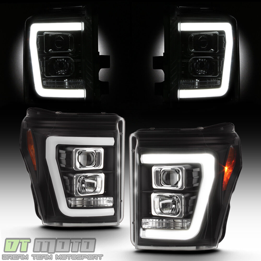 Black 2011-2016 Ford F250 F350 SuperDuty LED Light Tube DRL Projector Headlights