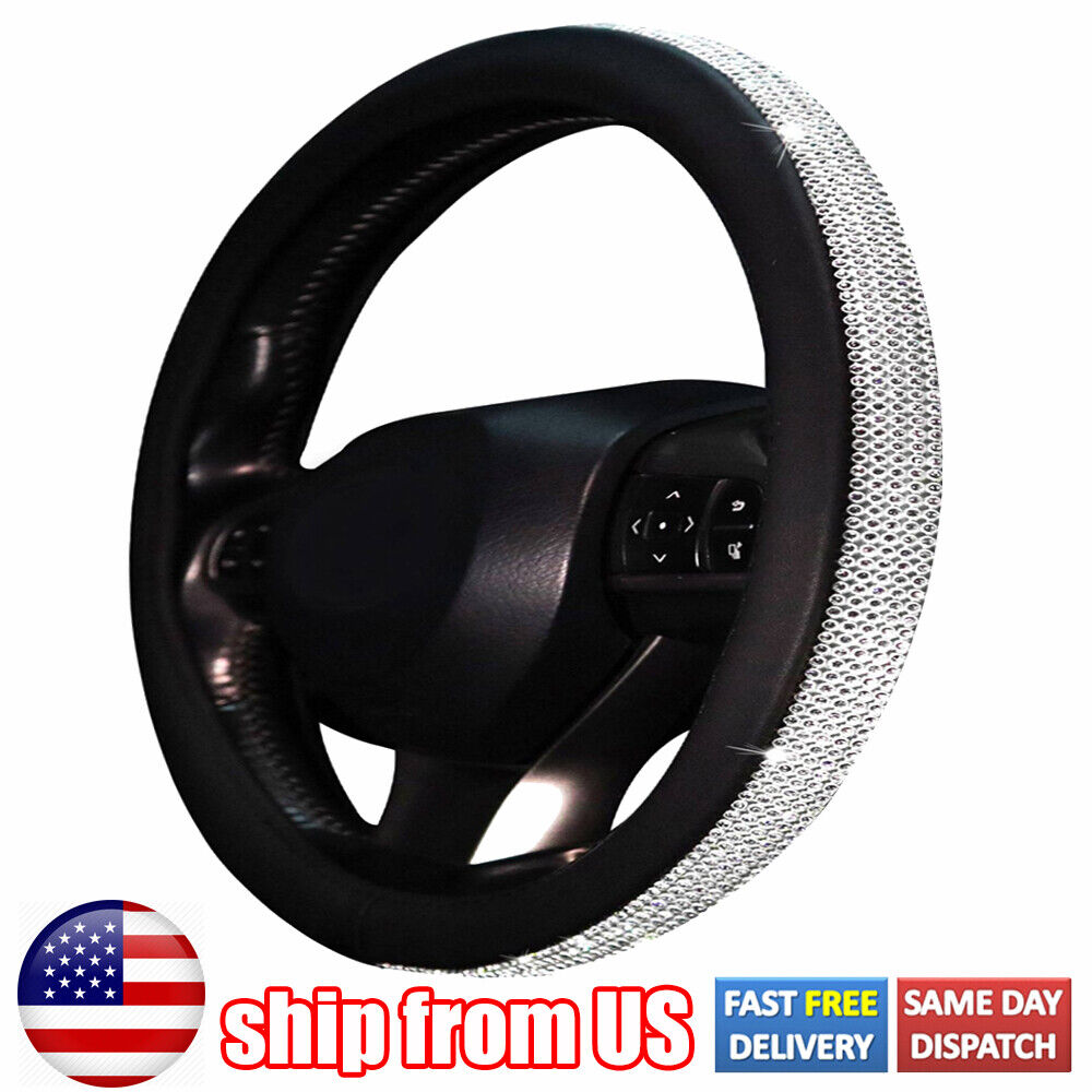 15'' Universal Diamante Car Steering Wheel Cover Diamond Sparkle Bling Leather