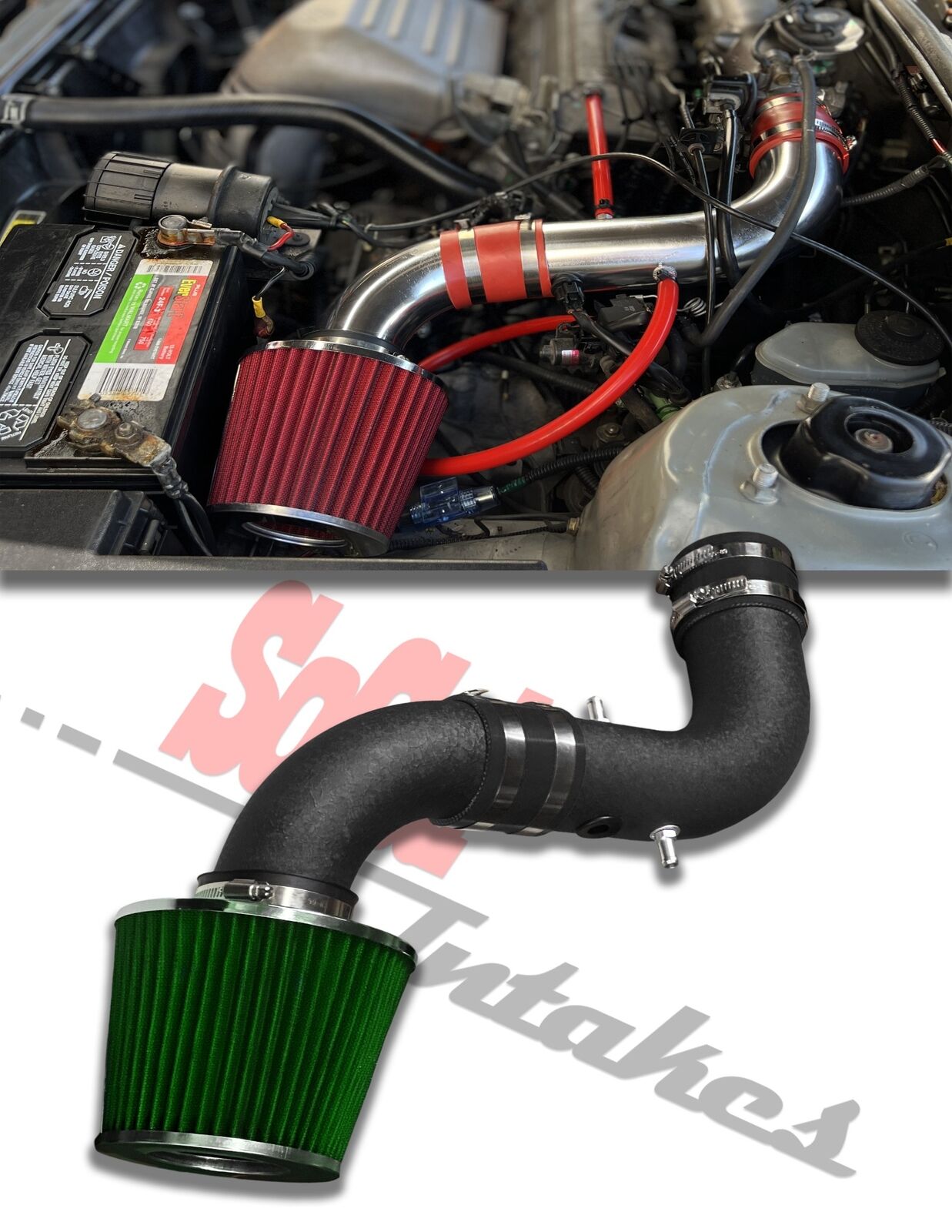 COATED BLACK GREEN Air Intake Kit and Filter For 1998-01 Toyota Camry Solara 2.2