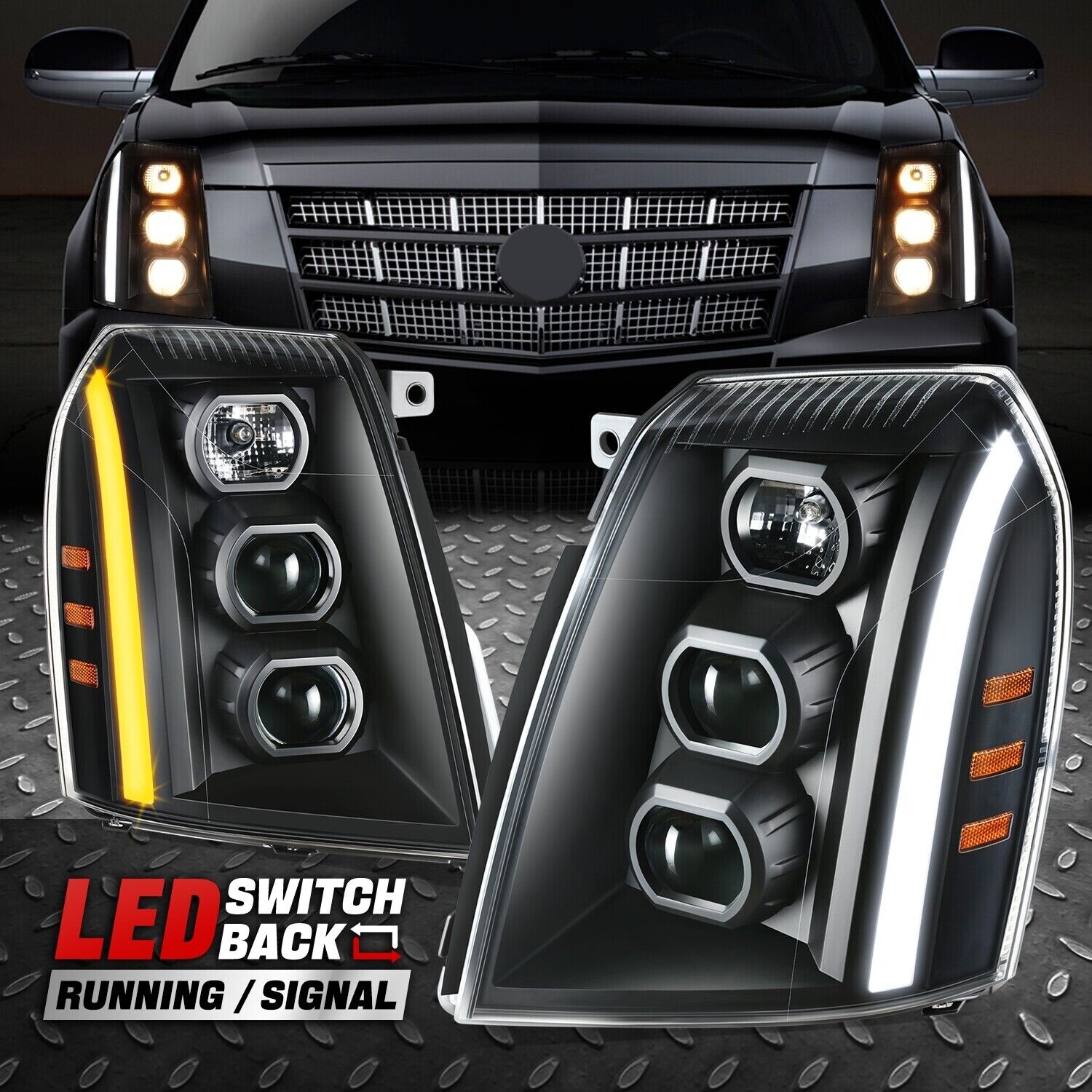 [Switchback LED DRL]For 07-14 Escalade ESV EXT Projector Headlights Black/Amber