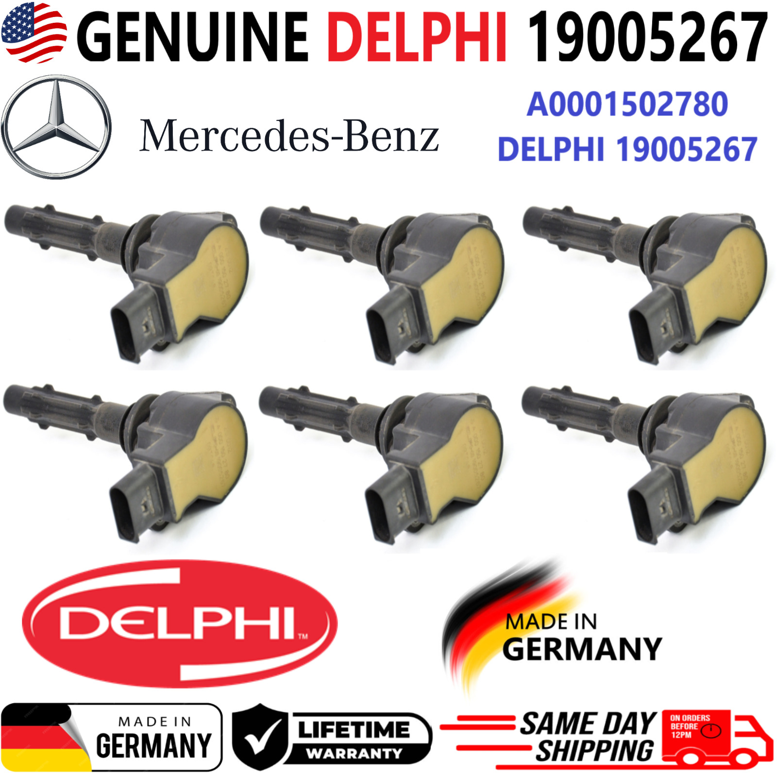OEM GENUINE DELPHI x6 Ignition Coils For 2005-2014 Mercedes-Benz V6, A0001502780
