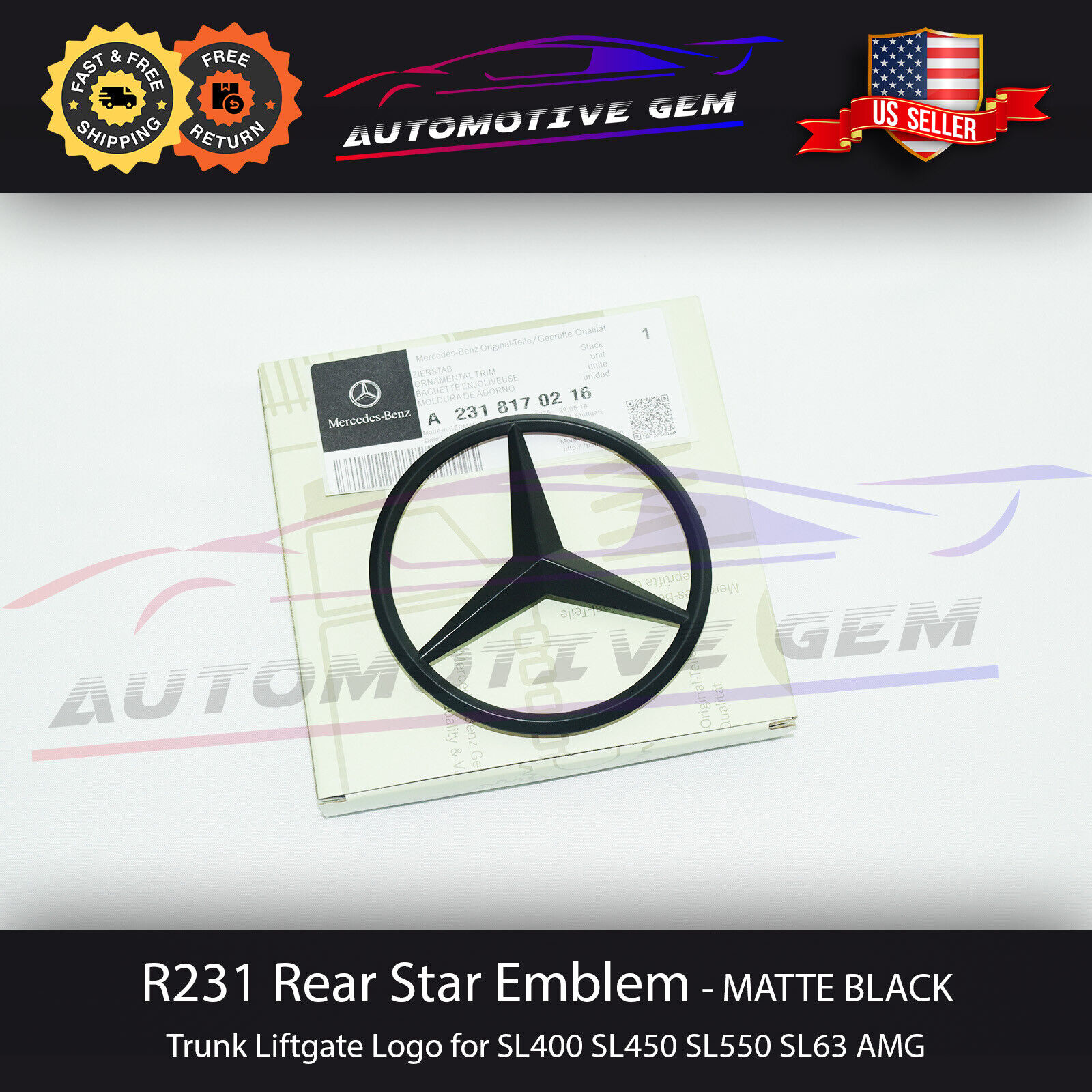 R231 SL63 AMG Trunk Star Emblem MATTE BLACK Rear Logo Badge Mercedes SL450 SL550