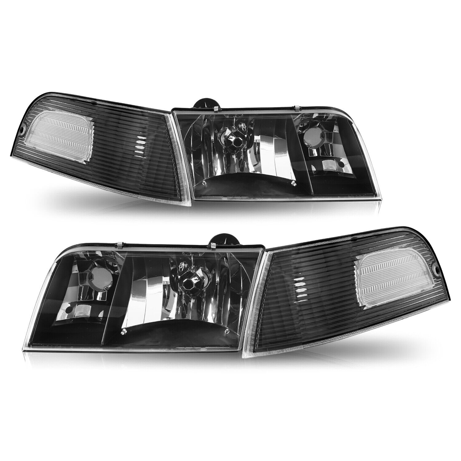 For 1998-2011 Ford Crown Victoria Black Housing Headlight+Corner Signal Lamp Set