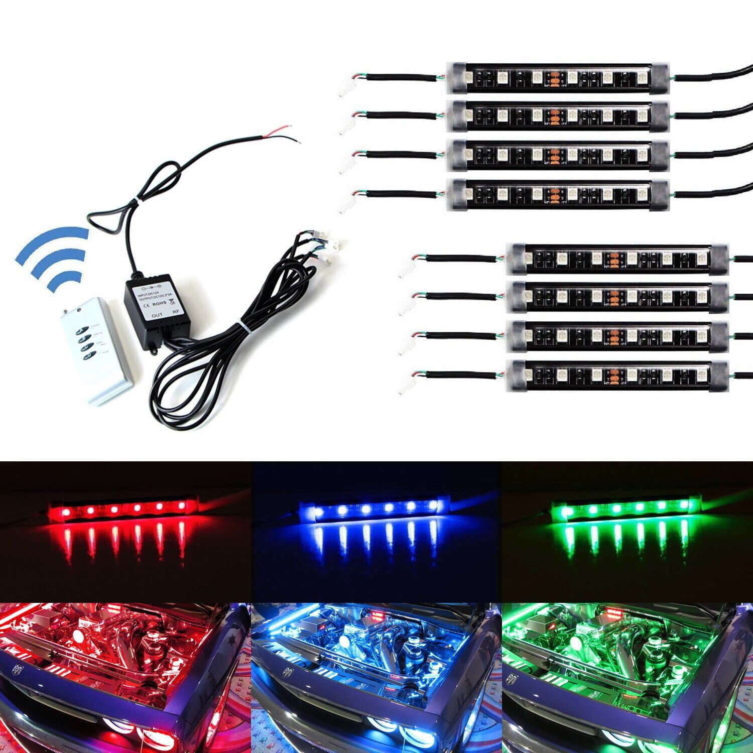 8pcs RGB Multi-Color LED Engine Bay or Under Car Lighting Kit w/ Wireless Remote