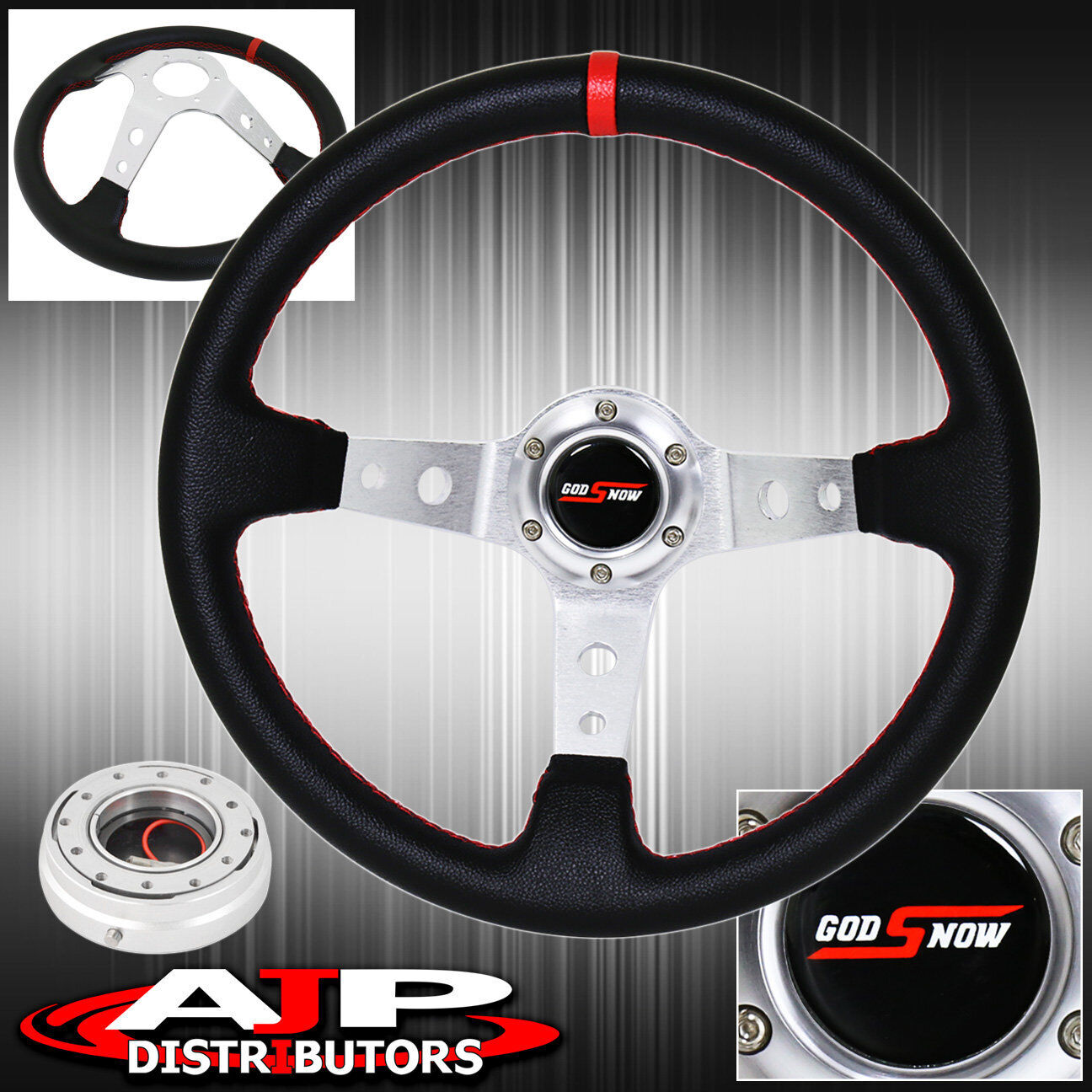 Jdm Black Red Stitches Steering Wheel Silver Quick Release Godsnow Horn Button