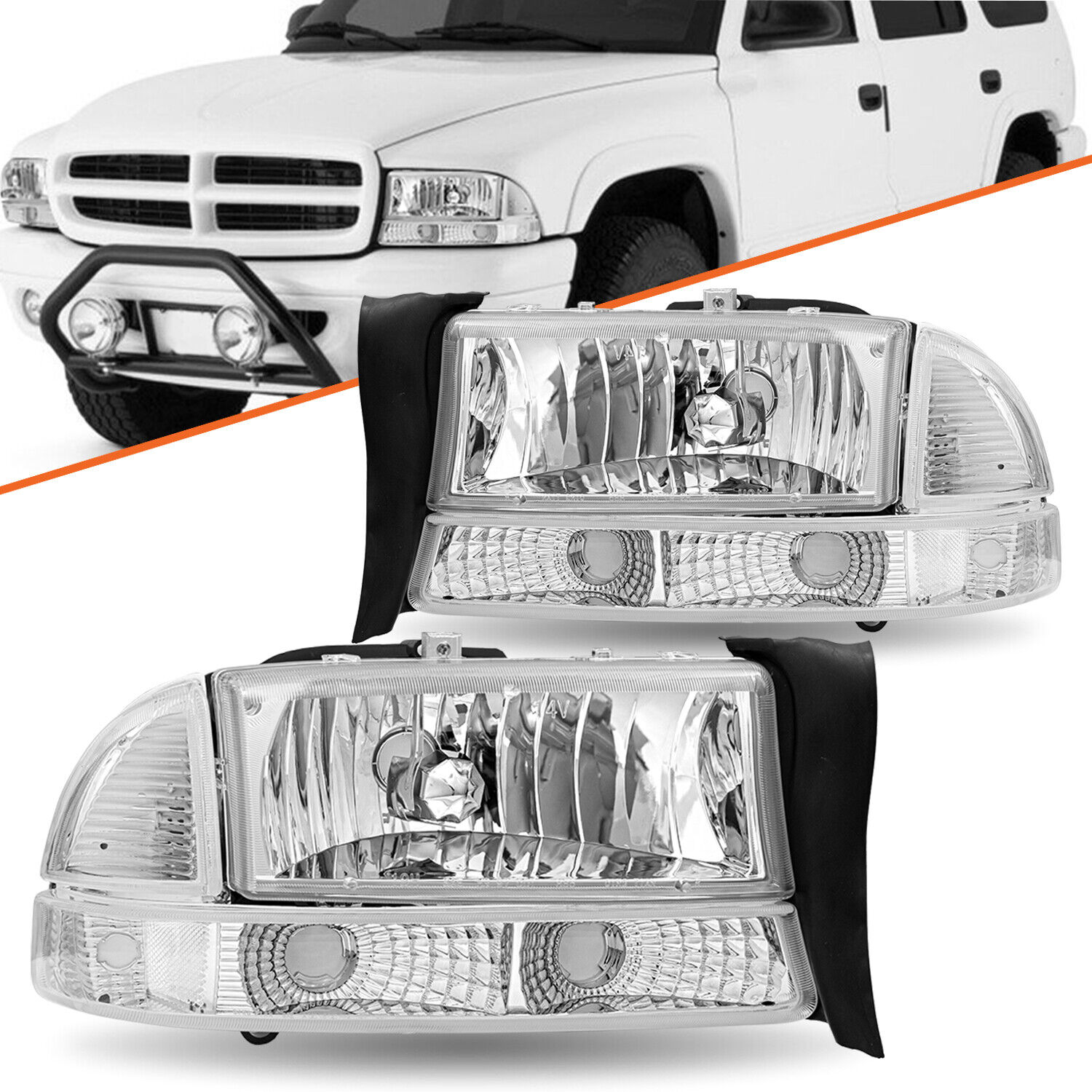 Fits 1997-2004 Dodge Dakota 1998-2003 Durango Chrome Clear Headlights Left+Right
