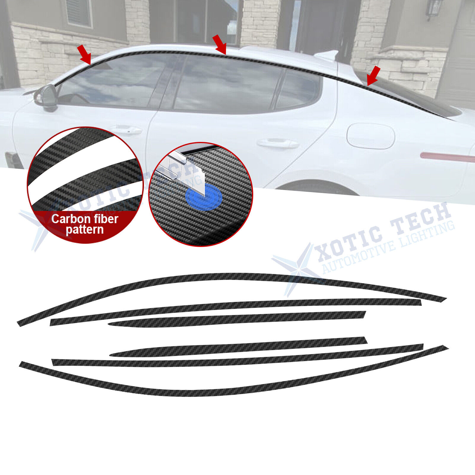 Carbon Fiber Texture Vinyl Pre-Cut Window Strip Cover For Kia Stinger 2018-2020