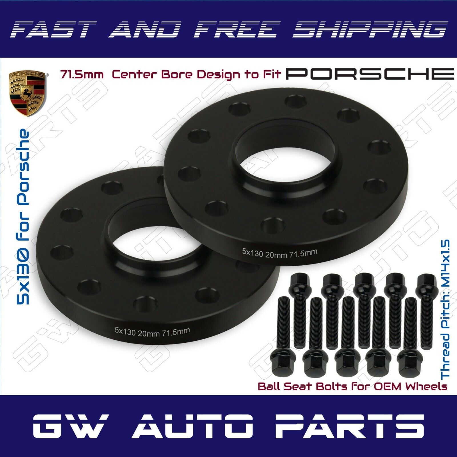 2PC 5x130 20mm Hub Centric Wheel Spacers For Porsche 911 Comes With Lug Bolts