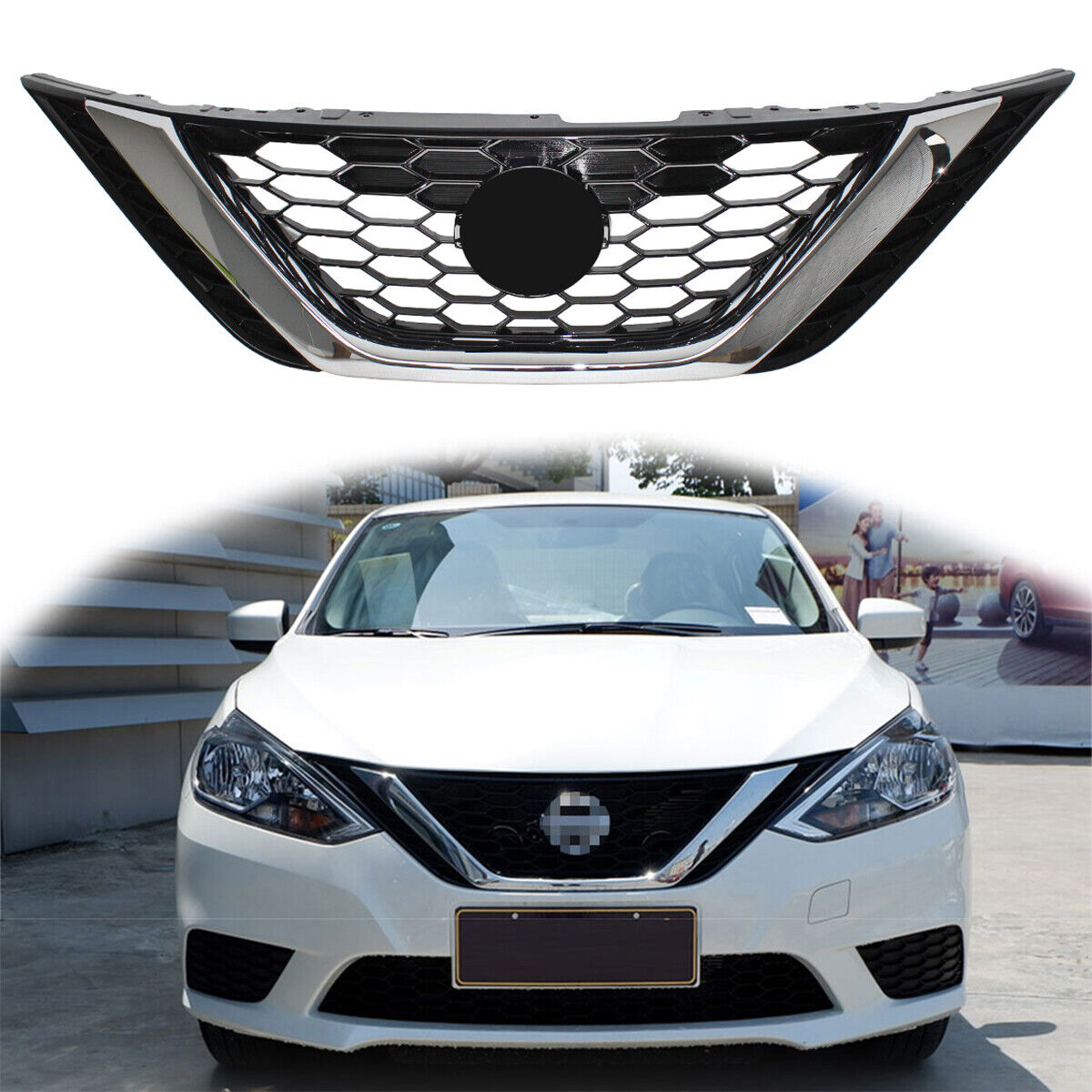 For Nissan Sentra 2016-2018 2017 Front Bumper Upper Chrome Grill ABS + Chrome