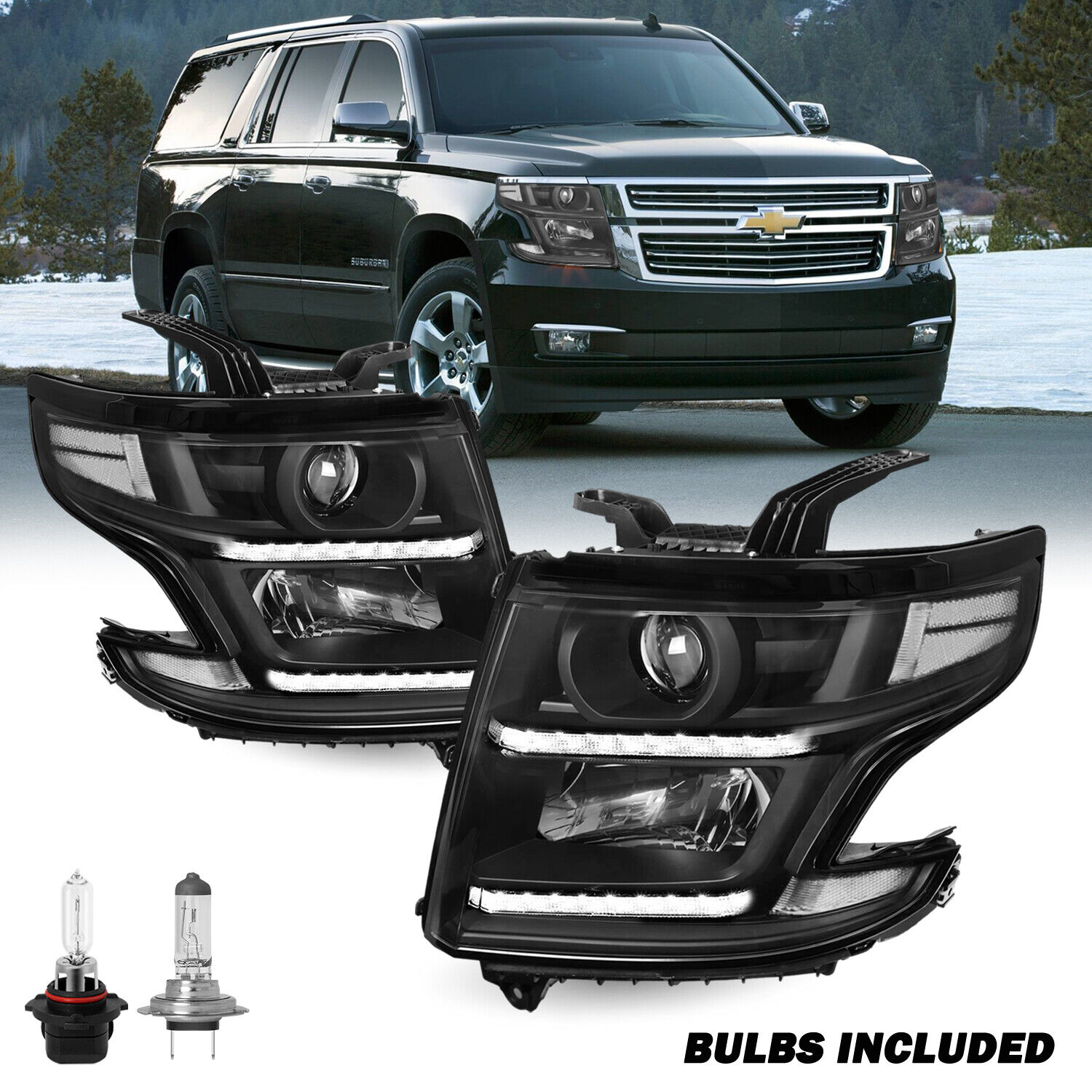 Pairs of 2015-2020 Chevy Tahoe Suburban LED DRL Projector Black Headlights Sets