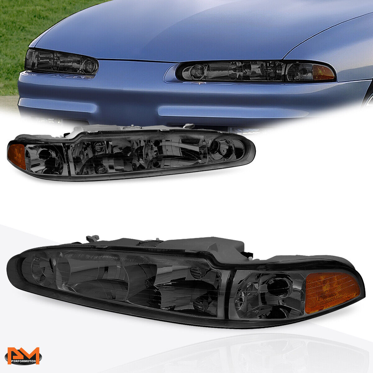 For 98-02 Oldsmobile Intrigue Smoked Lens Amber Corner Headlight Set Replacement