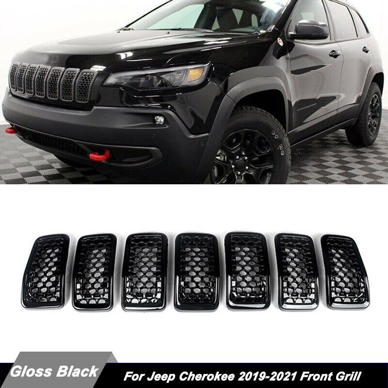 Honeycomb Front Grille Inserts W/ Trim Gloss Black For 2019-2022 Jeep Cherokee