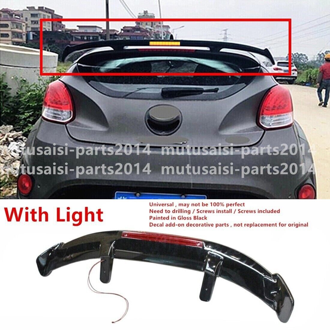W/ LIGHT UNIVERSAL FITS 2012-2017 HYUNDAI VELOSTER REAR WINDOW ROOF SPOILER WING