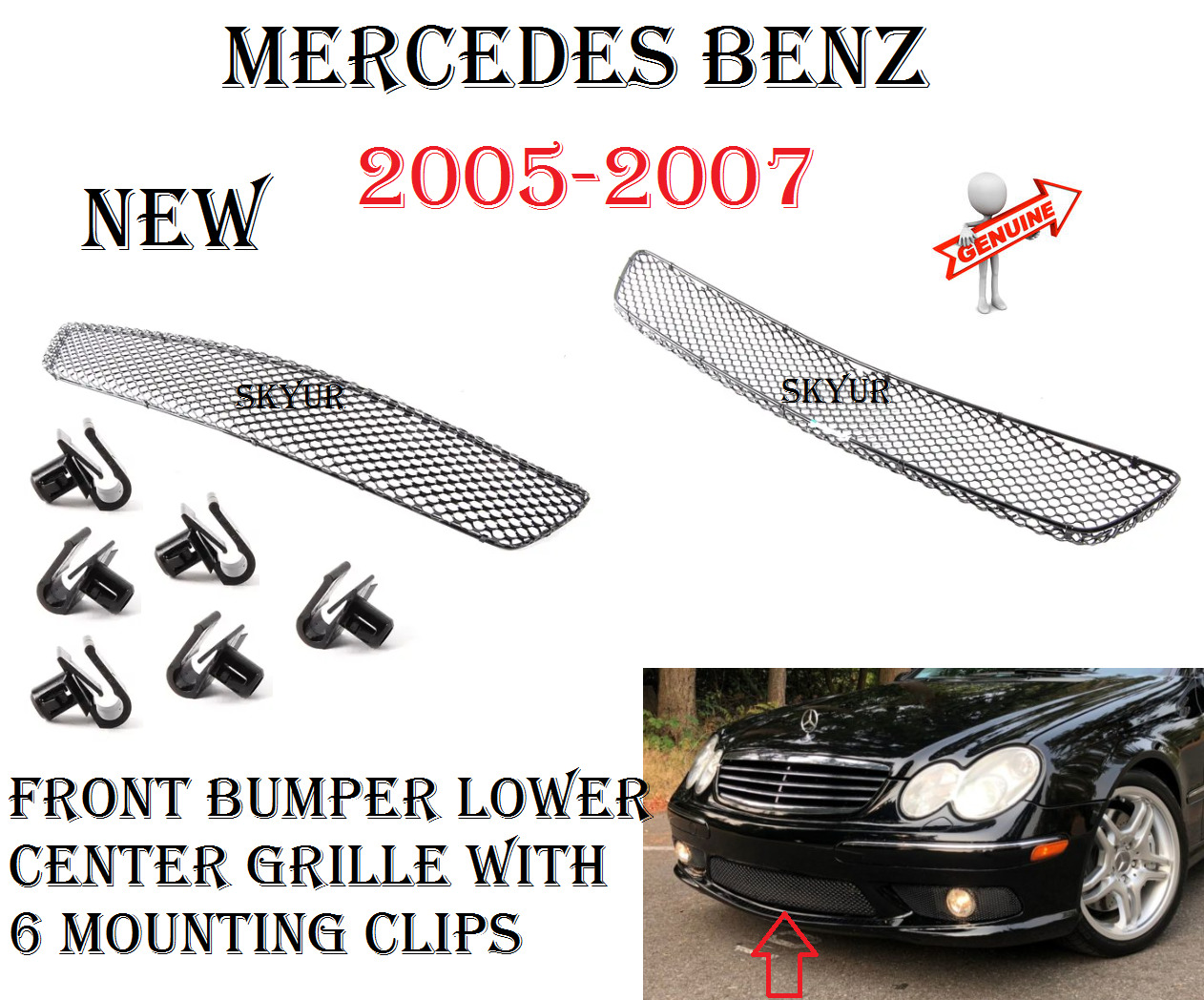 Mercedes Front Bumper Lower Center AMG Mesh Grille With 6 Clips For W203 C55 AMG