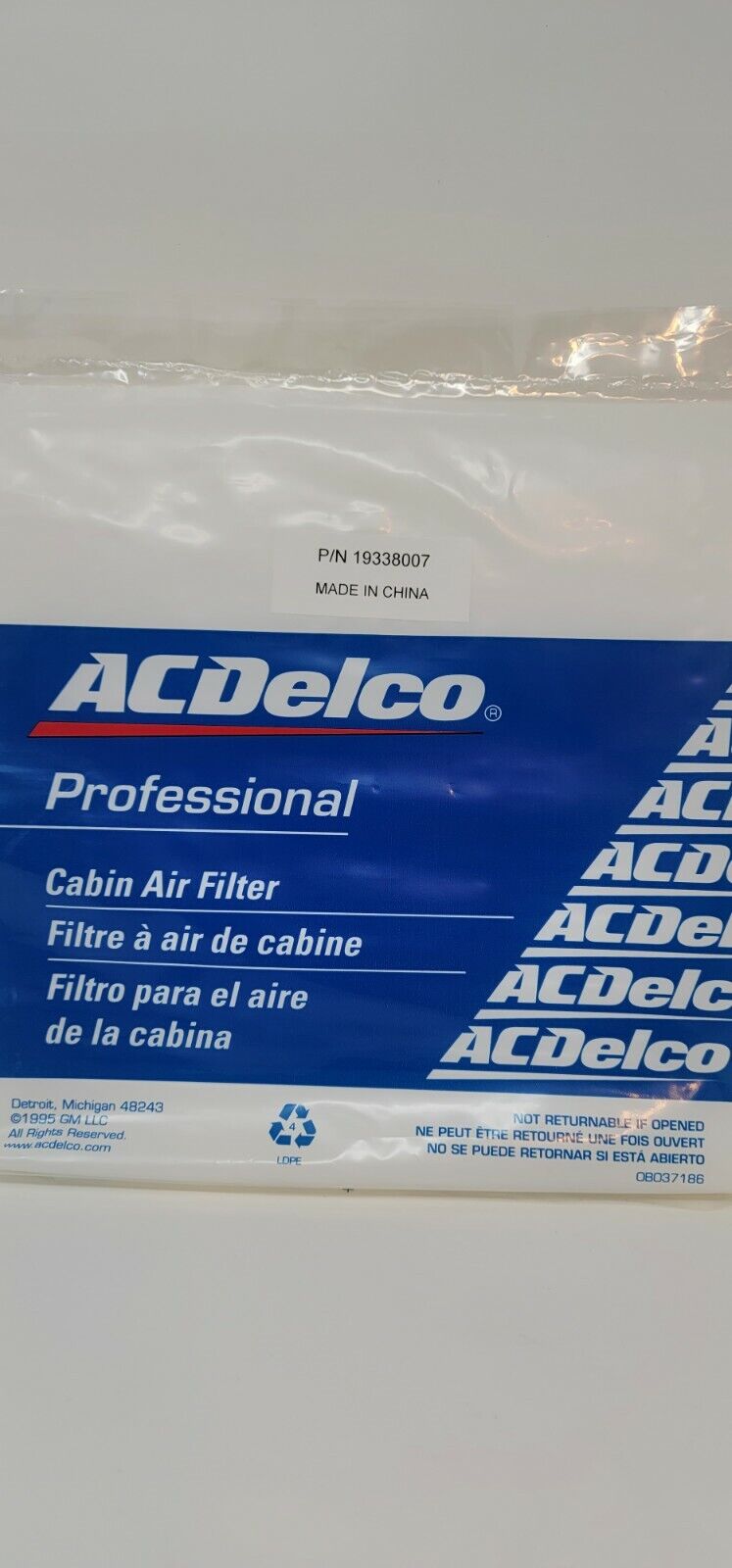 AC Delco CF1125F / GM# 19338007 20151 Professional Cabin Air Filter Fresh Air
