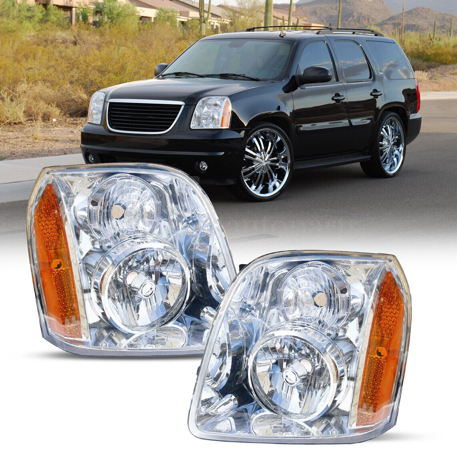 Headlights For 2007-2014 GMC Yukon XL 1500 2500 Headlamps Chrome Amber