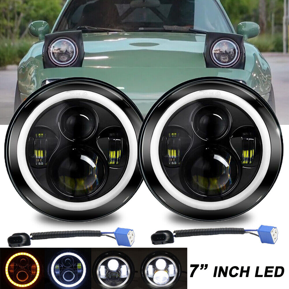 Pair 7inch H6024 LED Headlights Halo Angel Eye For 90-97 Mazda NA Miata MX5 MX-5