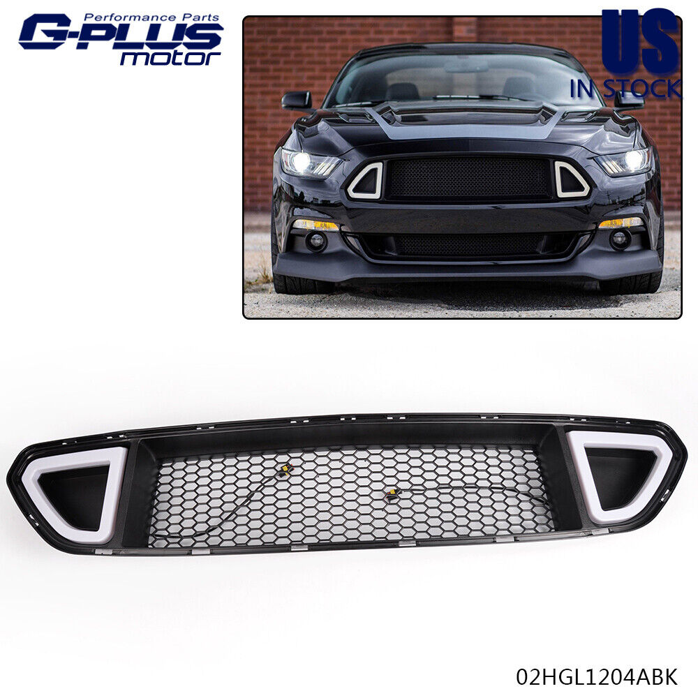Fit For 2015-2017 Ford Mustang Front Upper Grill Mesh Grille W/ DRL LED Light 