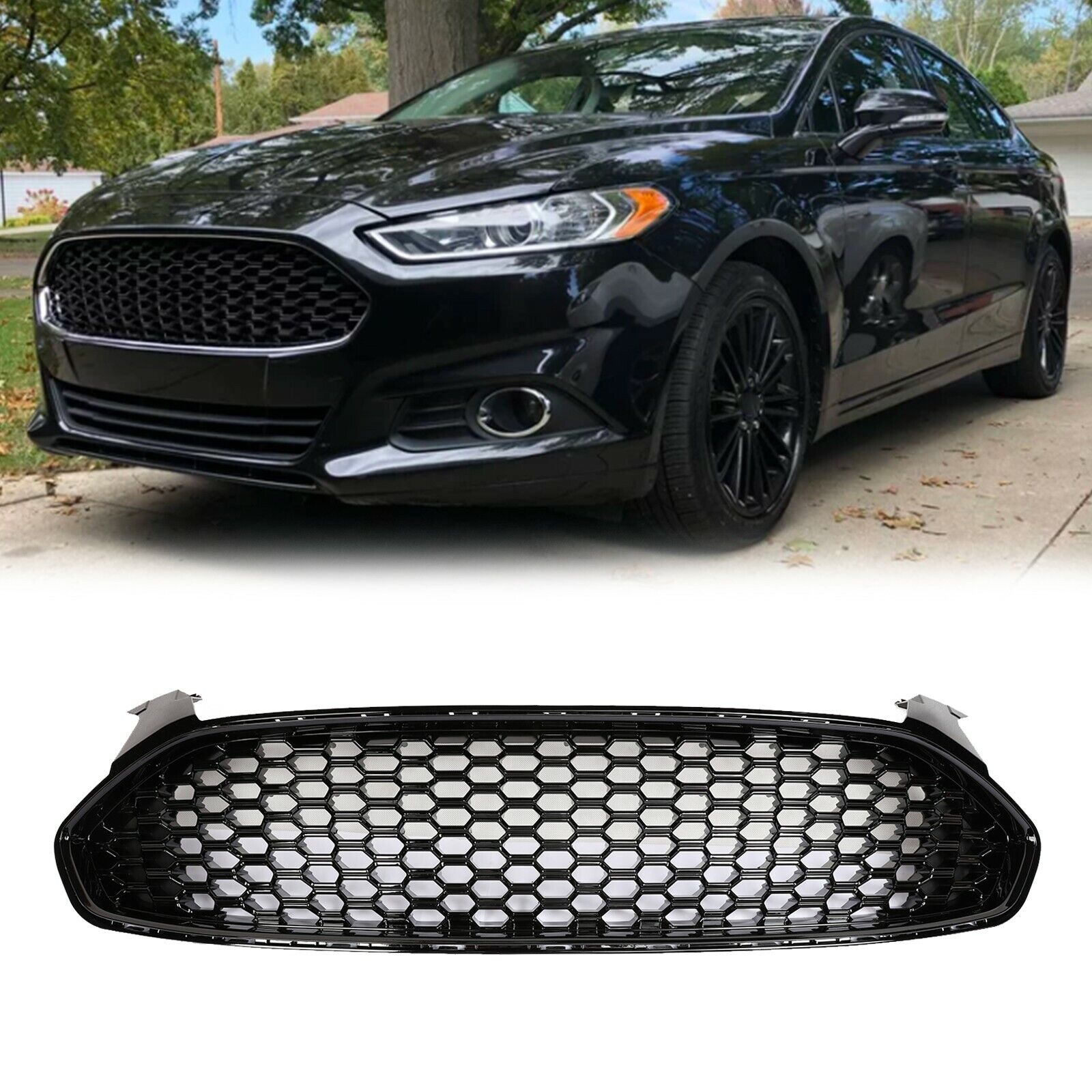 Fit 2013-16 Ford Fusion Gloss Black Front Bumper Honeycomb Mesh Grille Grill