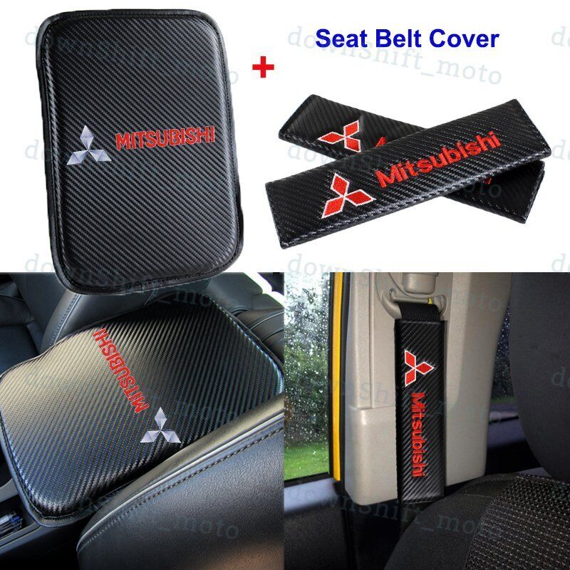 Carbon Fiber Car Center Armrest Cushion Mat Pad + Seat Belt Cover For MITSUBISHI