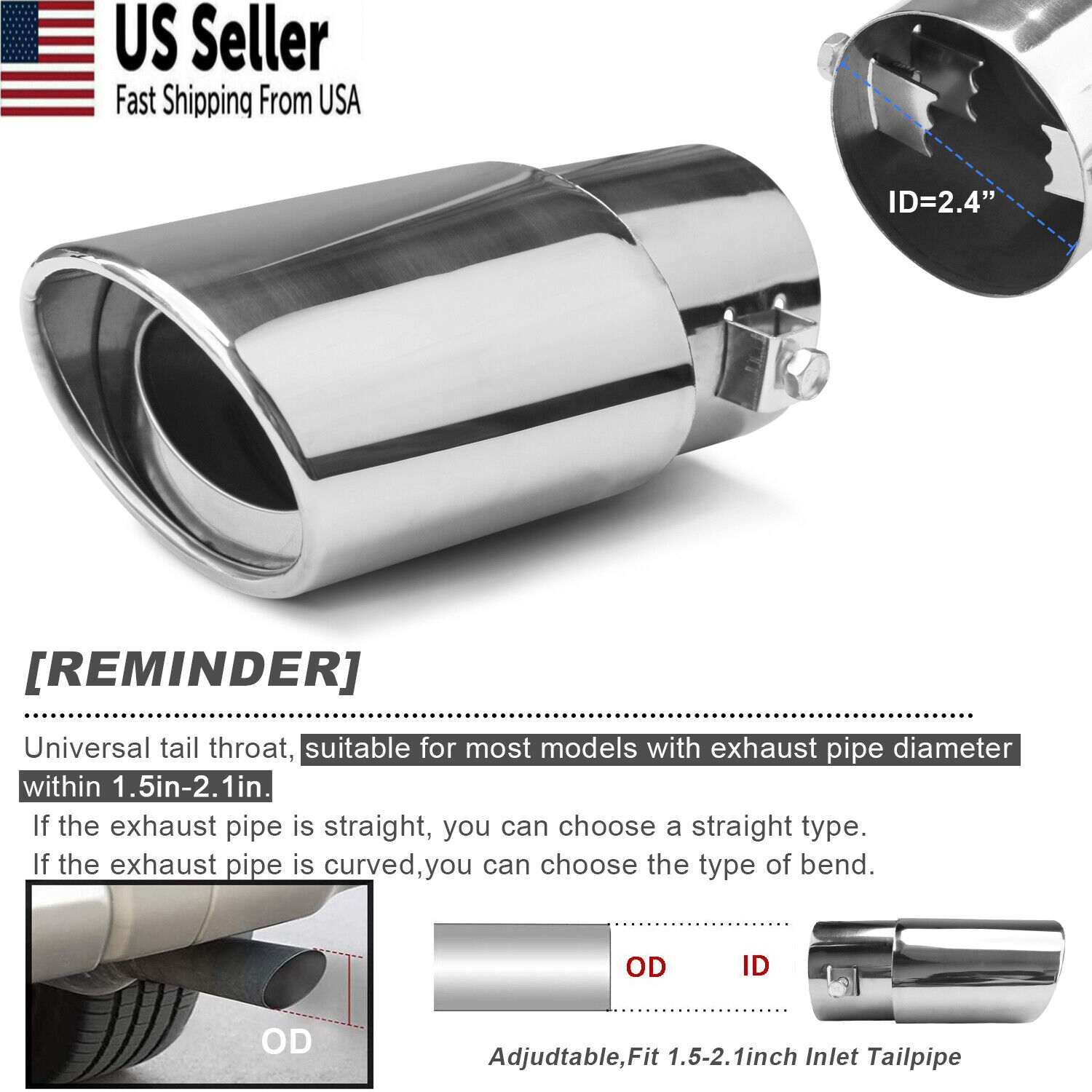 Car Stainless Steel Chrome Rear Exhaust Pipe Tip Tail Muffler Round Accessories 