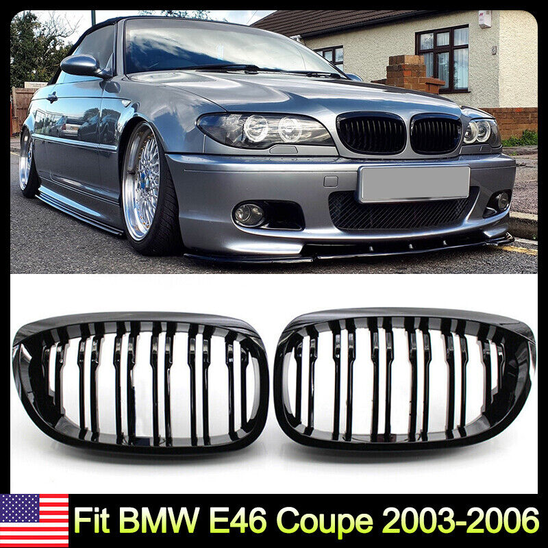 Dual Slat Front Bumper Kidney Grille For BMW E46 325Ci 330Ci 2003-06 Gloss Black